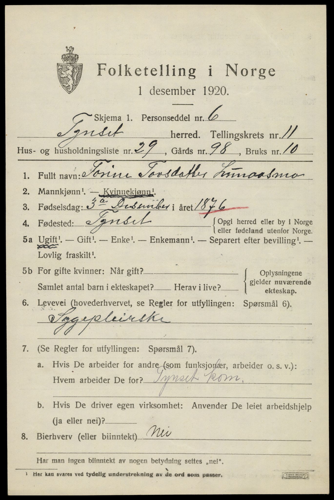 SAH, 1920 census for Tynset, 1920, p. 8298