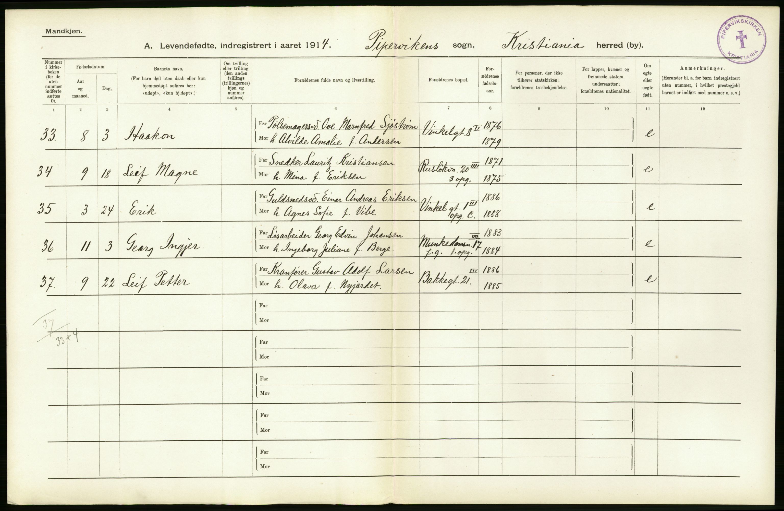 Statistisk sentralbyrå, Sosiodemografiske emner, Befolkning, AV/RA-S-2228/D/Df/Dfb/Dfbd/L0005: Kristiania: Levendefødte menn og kvinner., 1914, p. 2