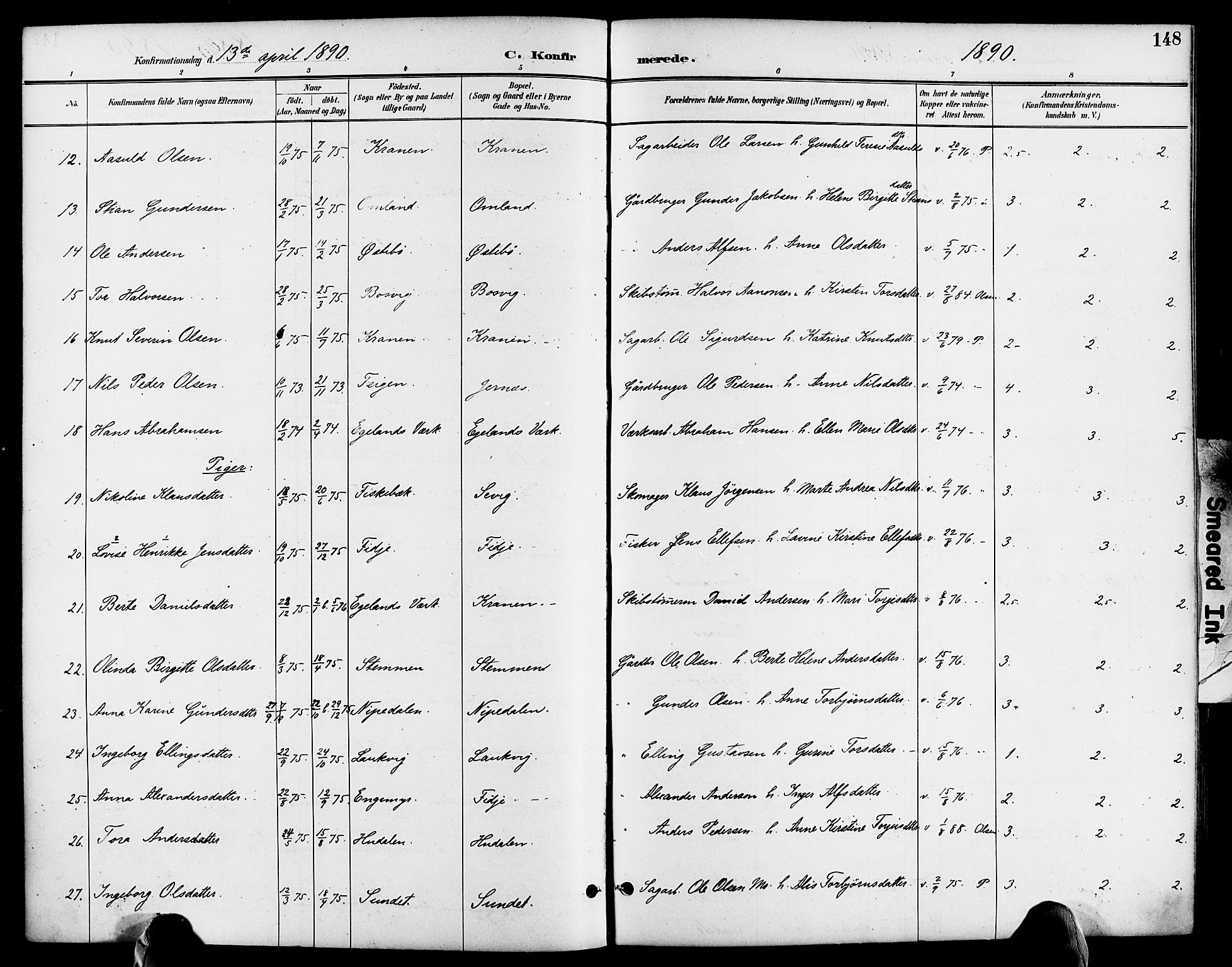 Søndeled sokneprestkontor, AV/SAK-1111-0038/F/Fa/L0005: Parish register (official) no. A 5, 1889-1899, p. 148
