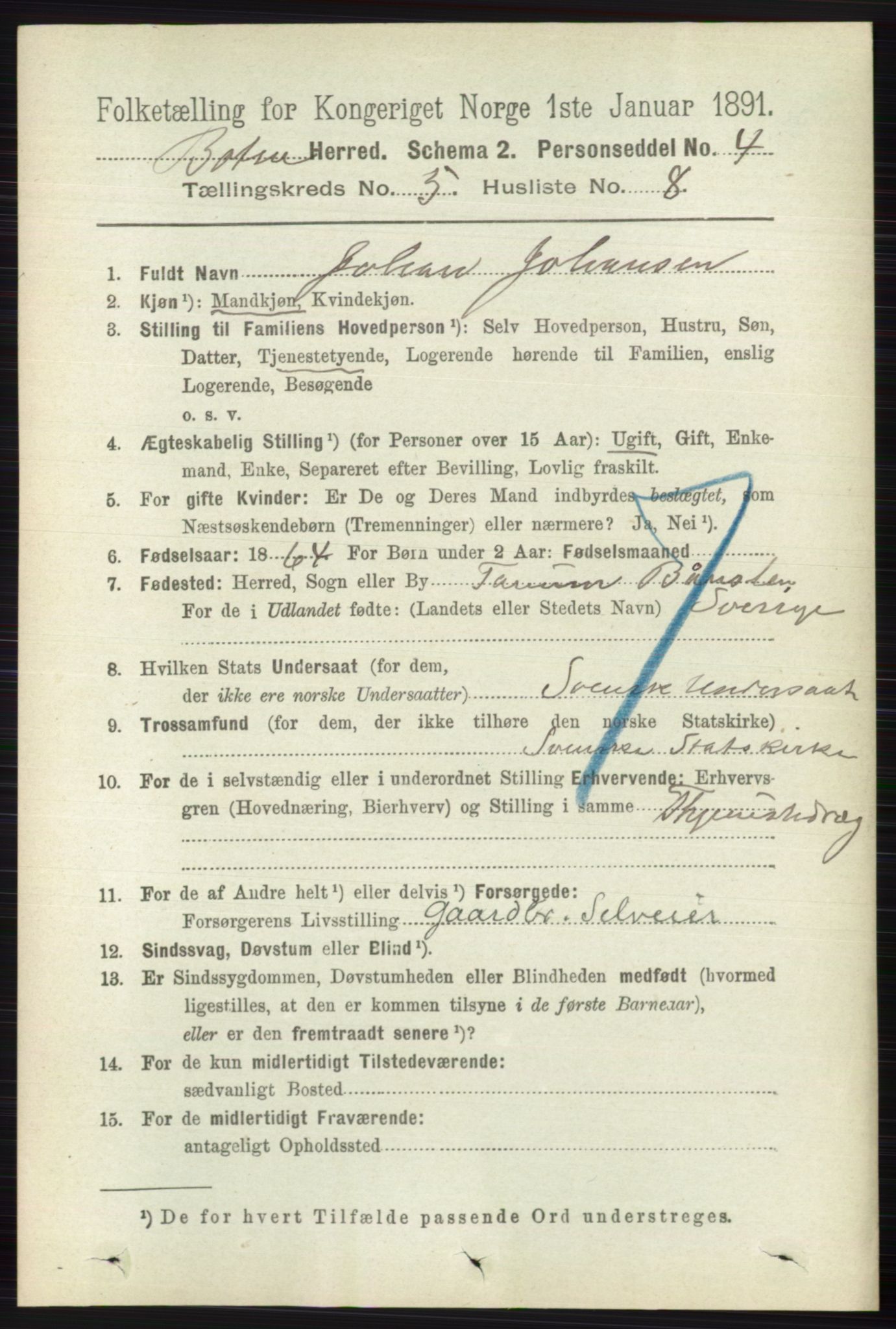 RA, 1891 census for 0715 Botne, 1891, p. 1998