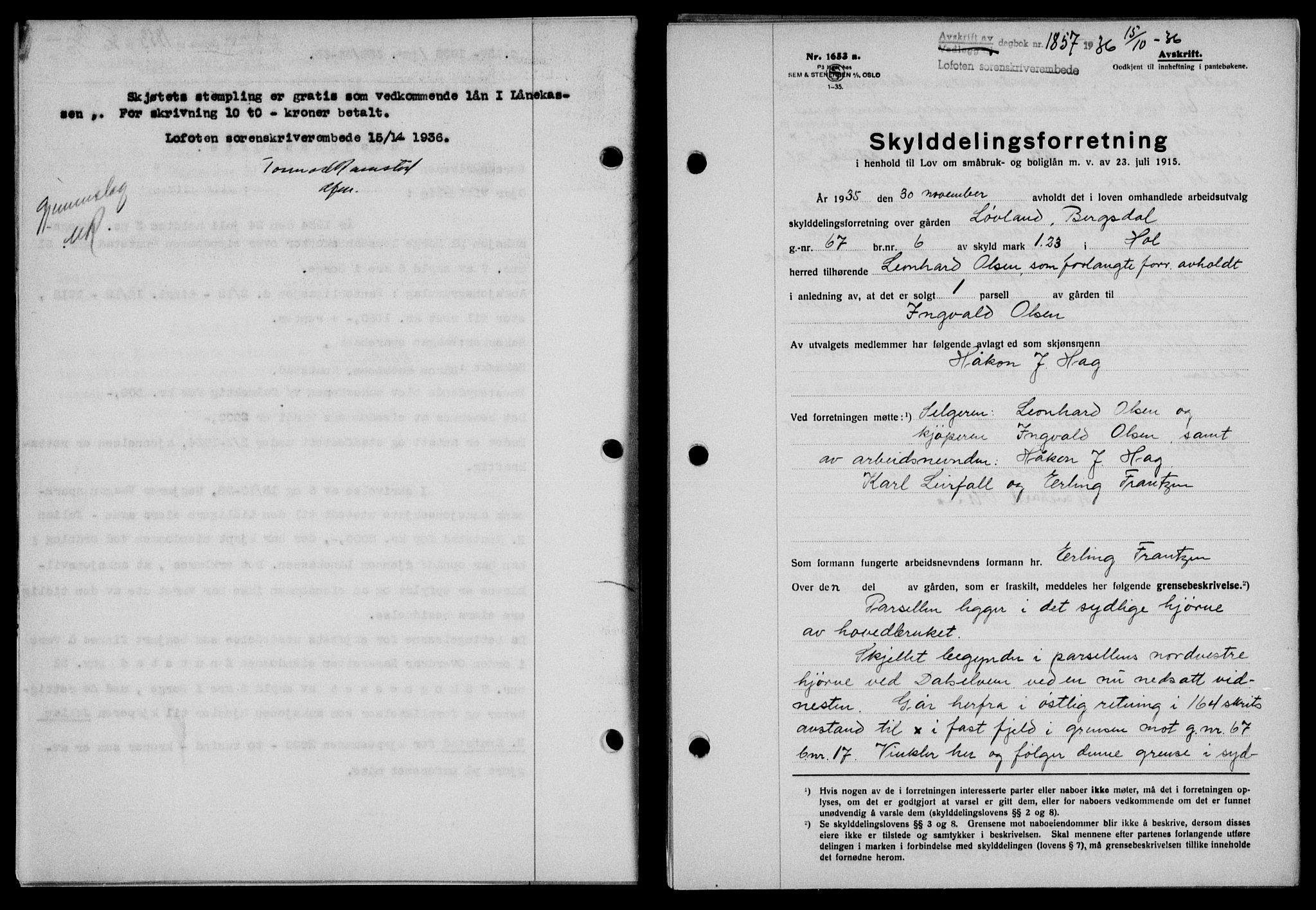 Lofoten sorenskriveri, SAT/A-0017/1/2/2C/L0001a: Mortgage book no. 1a, 1936-1937, Diary no: : 1857/1936