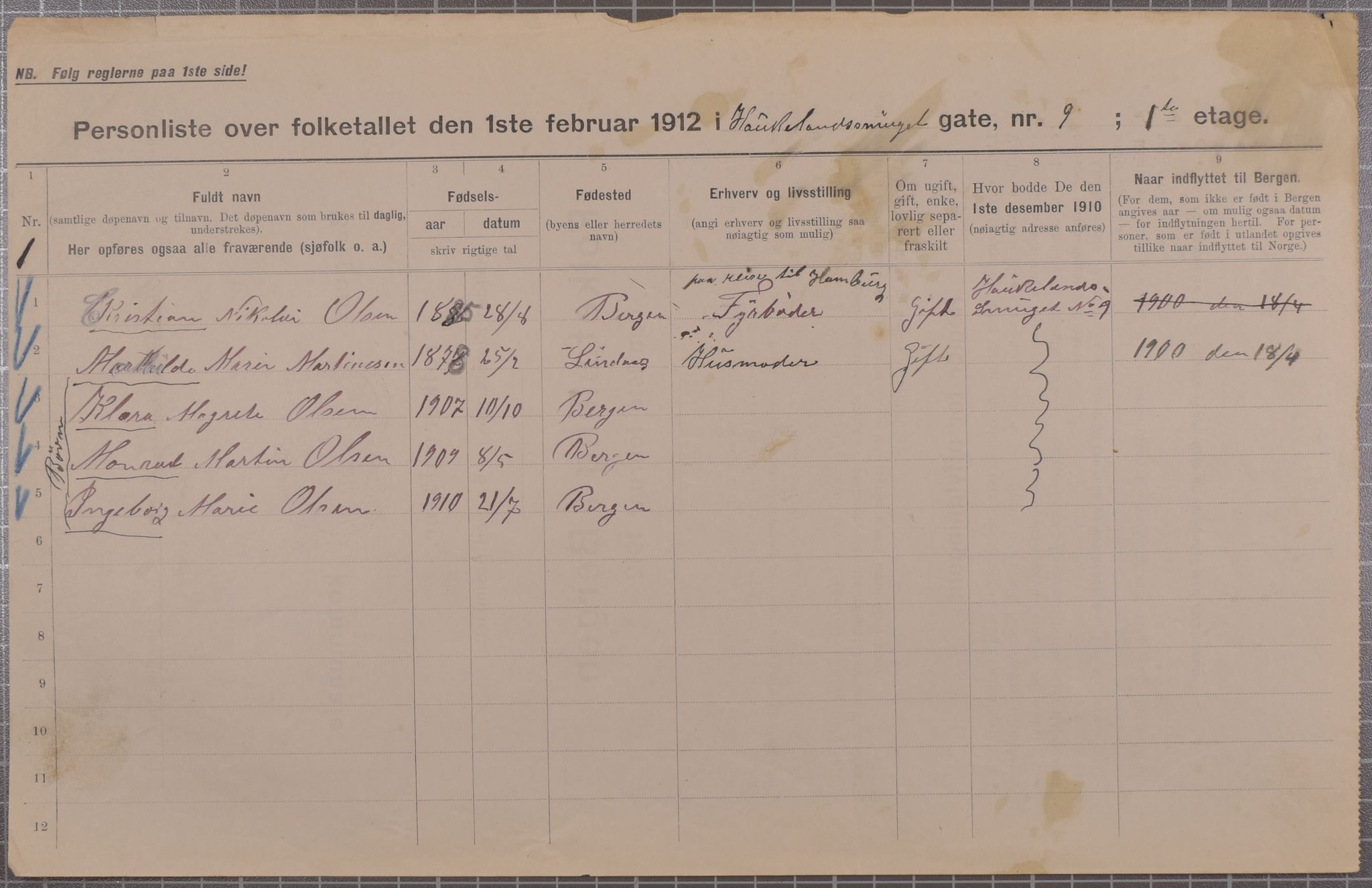 SAB, Municipal Census 1912 for Bergen, 1912, p. 1860