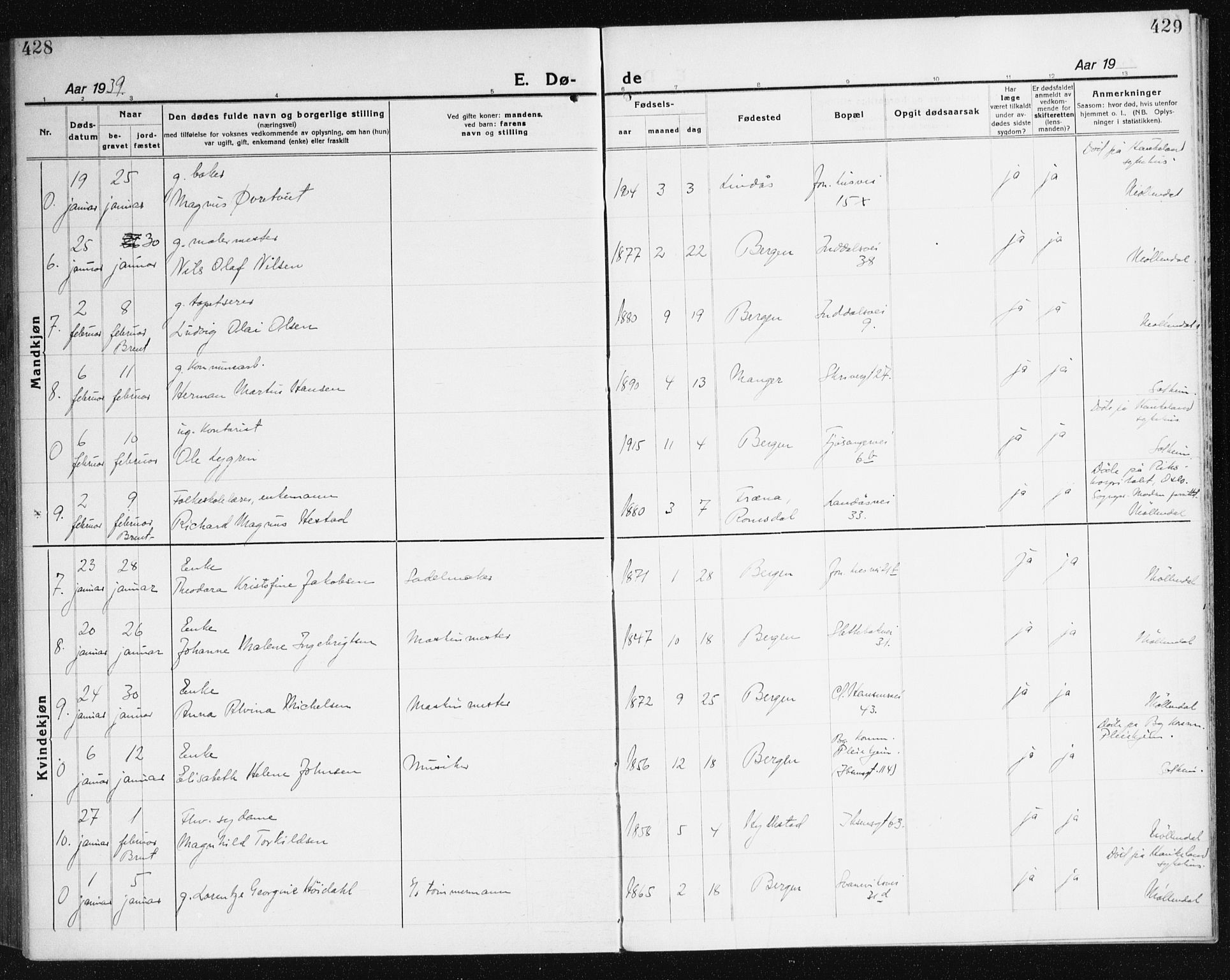 Årstad Sokneprestembete, AV/SAB-A-79301/H/Haa/L0010: Parish register (official) no. E 1, 1921-1940, p. 428-429