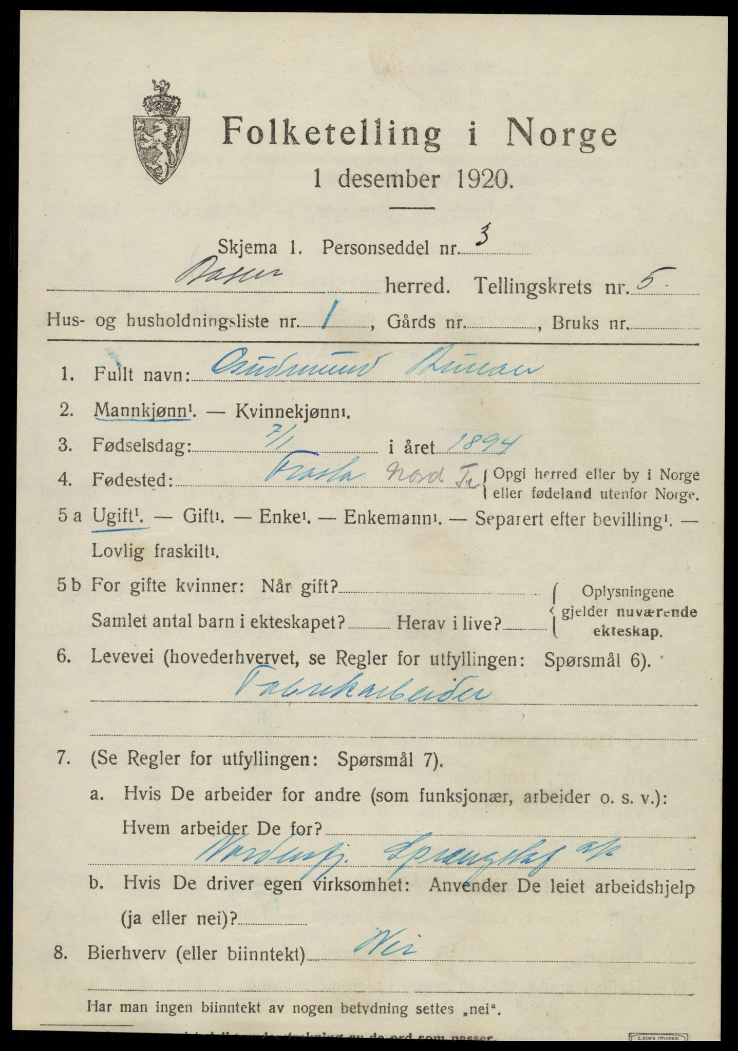 SAT, 1920 census for Åsen, 1920, p. 4016