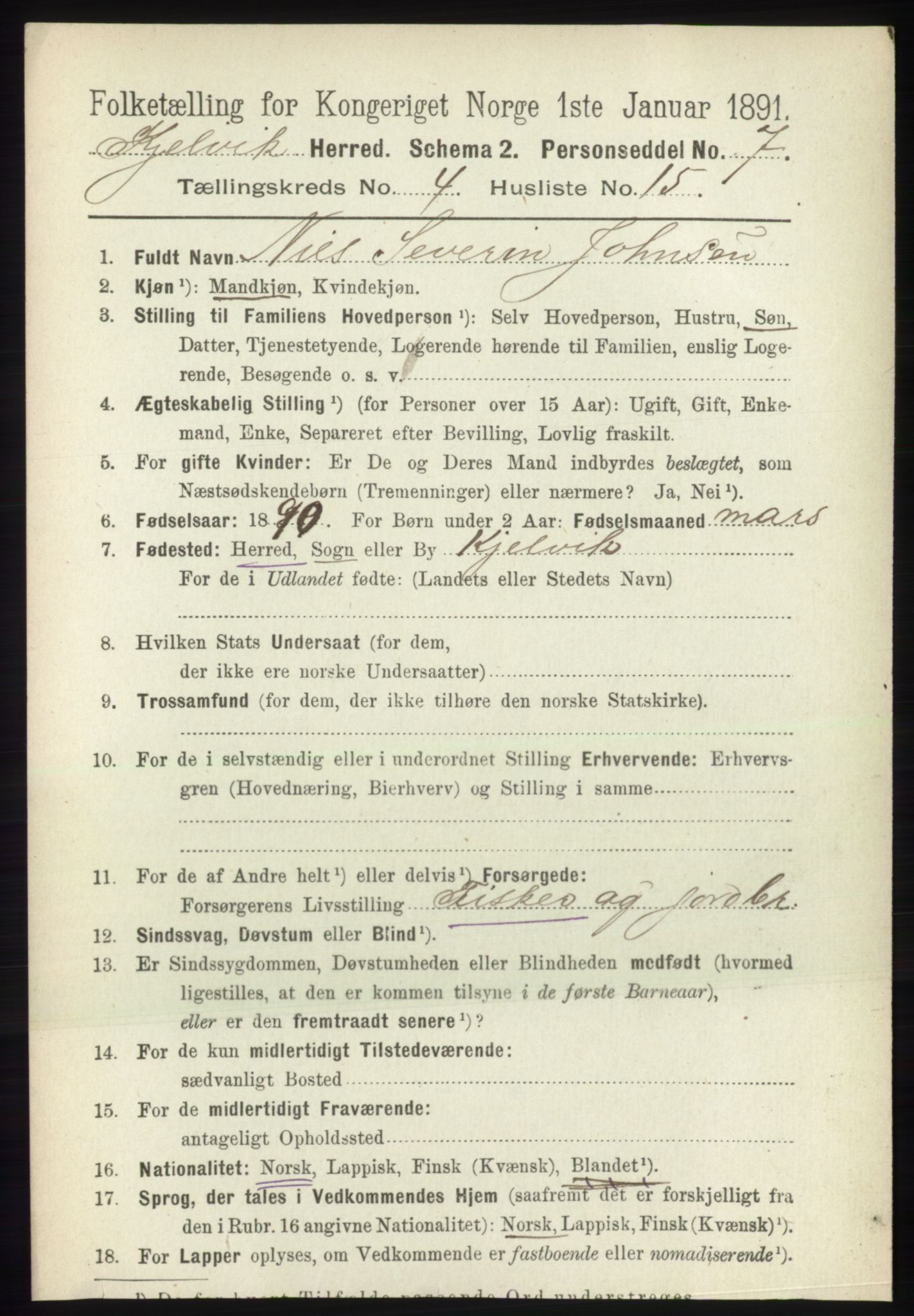 RA, 1891 census for 2019 Kjelvik, 1891, p. 527