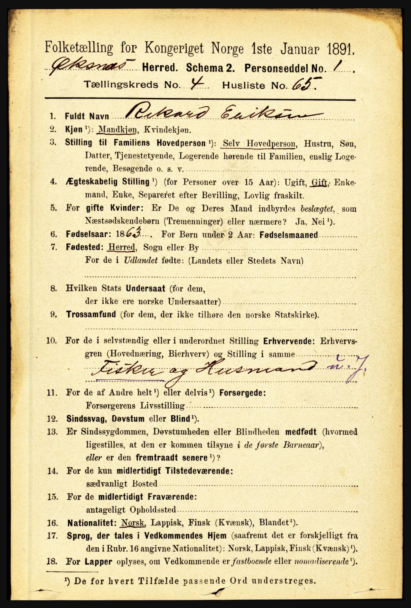 RA, 1891 census for 1868 Øksnes, 1891, p. 2161