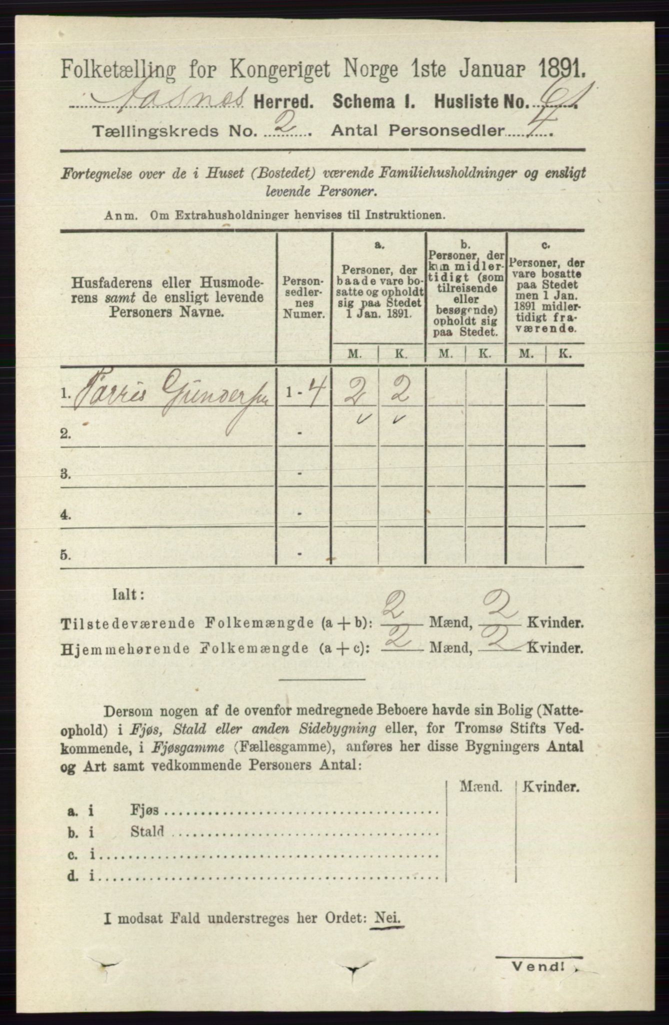 RA, 1891 census for 0425 Åsnes, 1891, p. 639