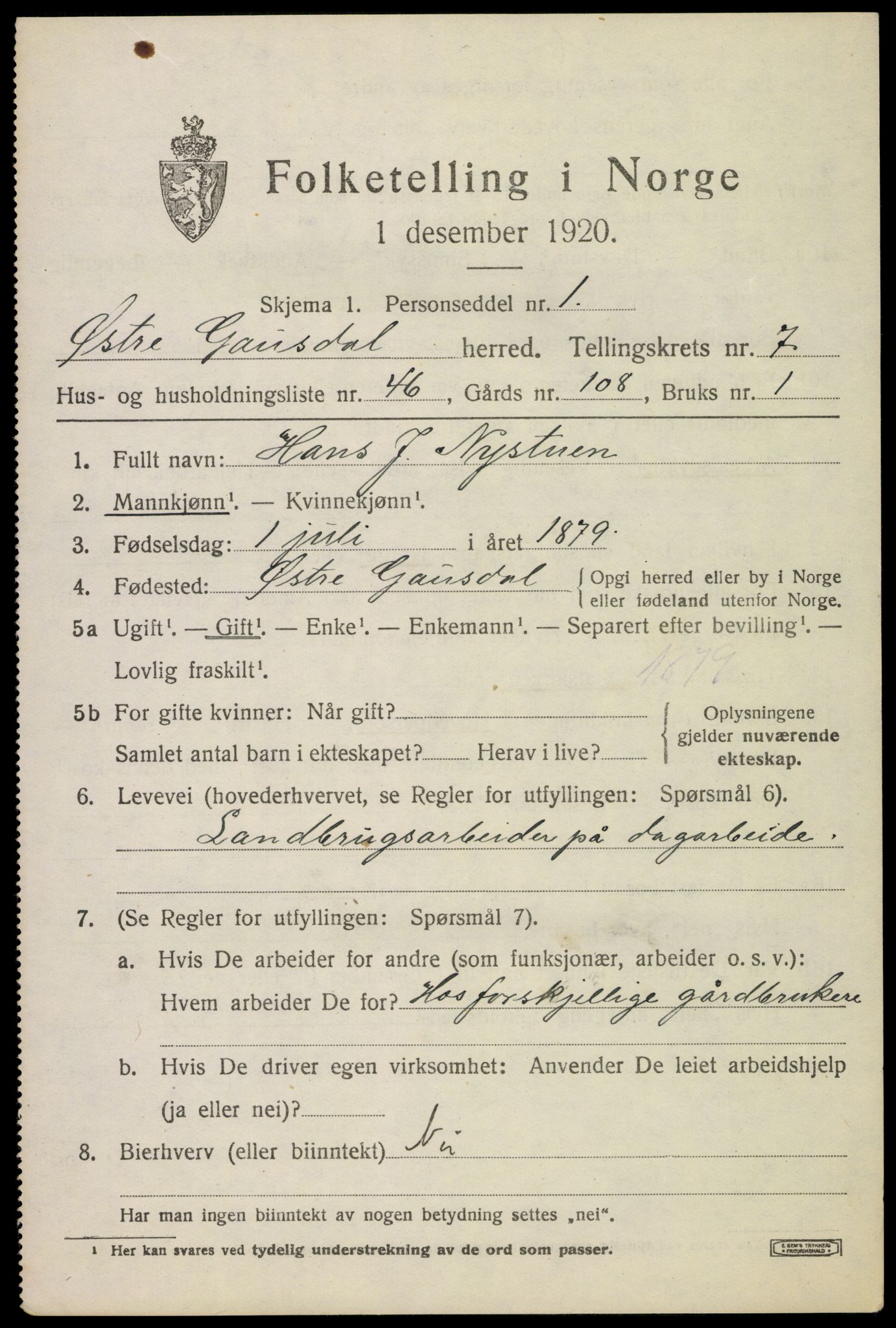 SAH, 1920 census for Østre Gausdal, 1920, p. 4546