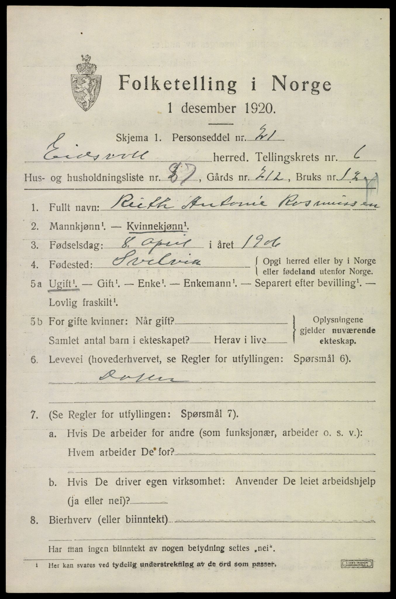 SAO, 1920 census for Eidsvoll, 1920, p. 11735