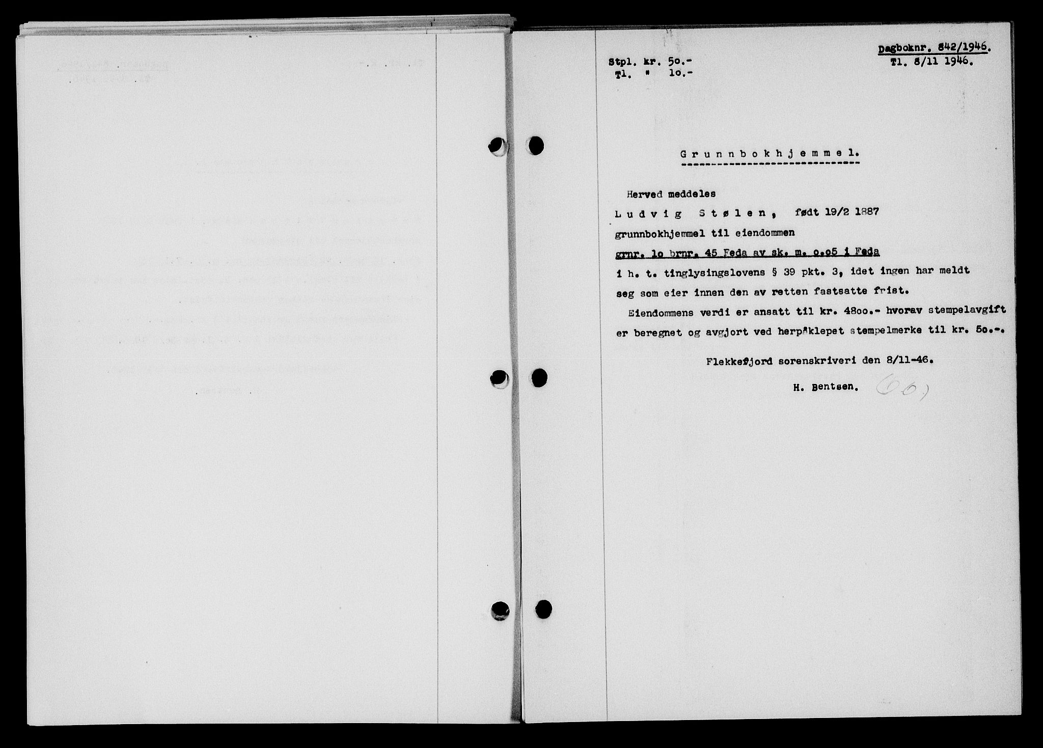 Flekkefjord sorenskriveri, SAK/1221-0001/G/Gb/Gba/L0061: Mortgage book no. A-9, 1946-1947, Diary no: : 842/1946