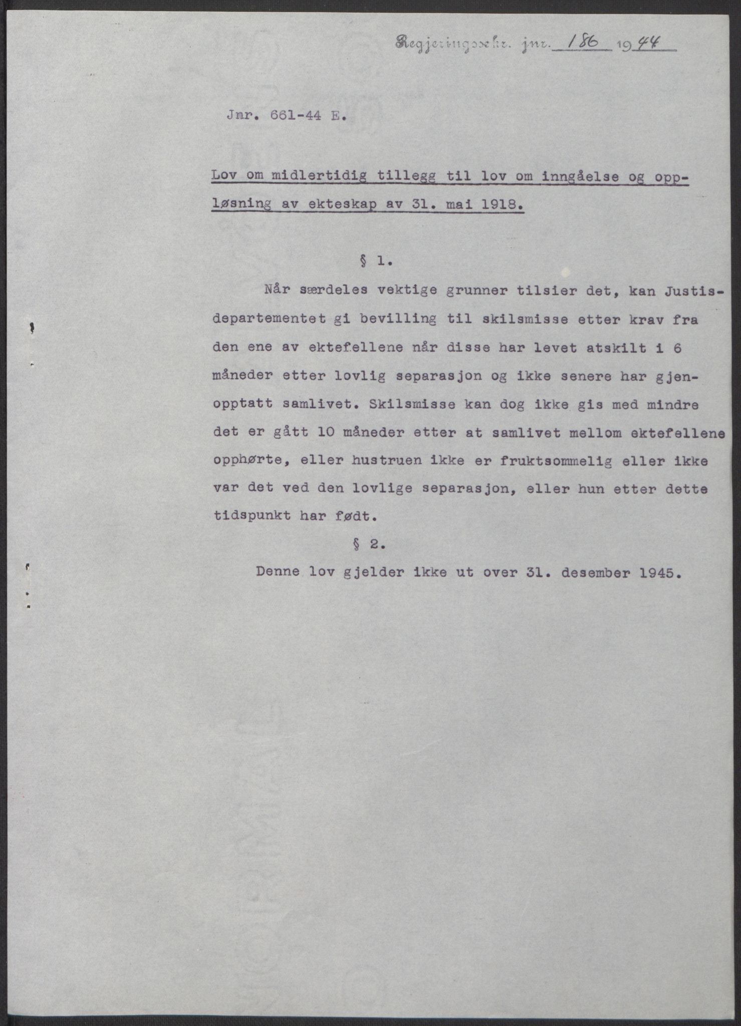 NS-administrasjonen 1940-1945 (Statsrådsekretariatet, de kommisariske statsråder mm), RA/S-4279/D/Db/L0100: Lover, 1944, p. 314