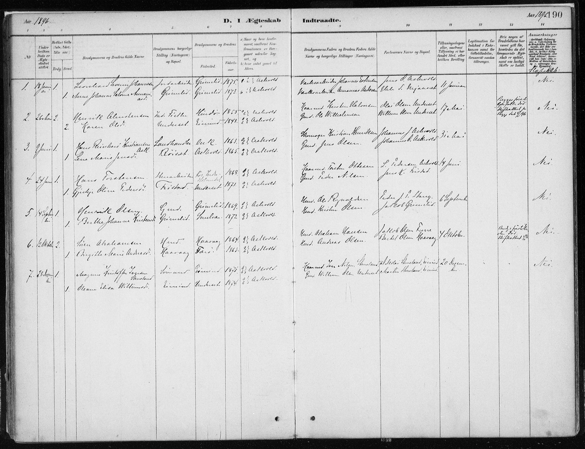 Askvoll sokneprestembete, SAB/A-79501/H/Haa/Haab/L0002: Parish register (official) no. B 2, 1879-1909, p. 190