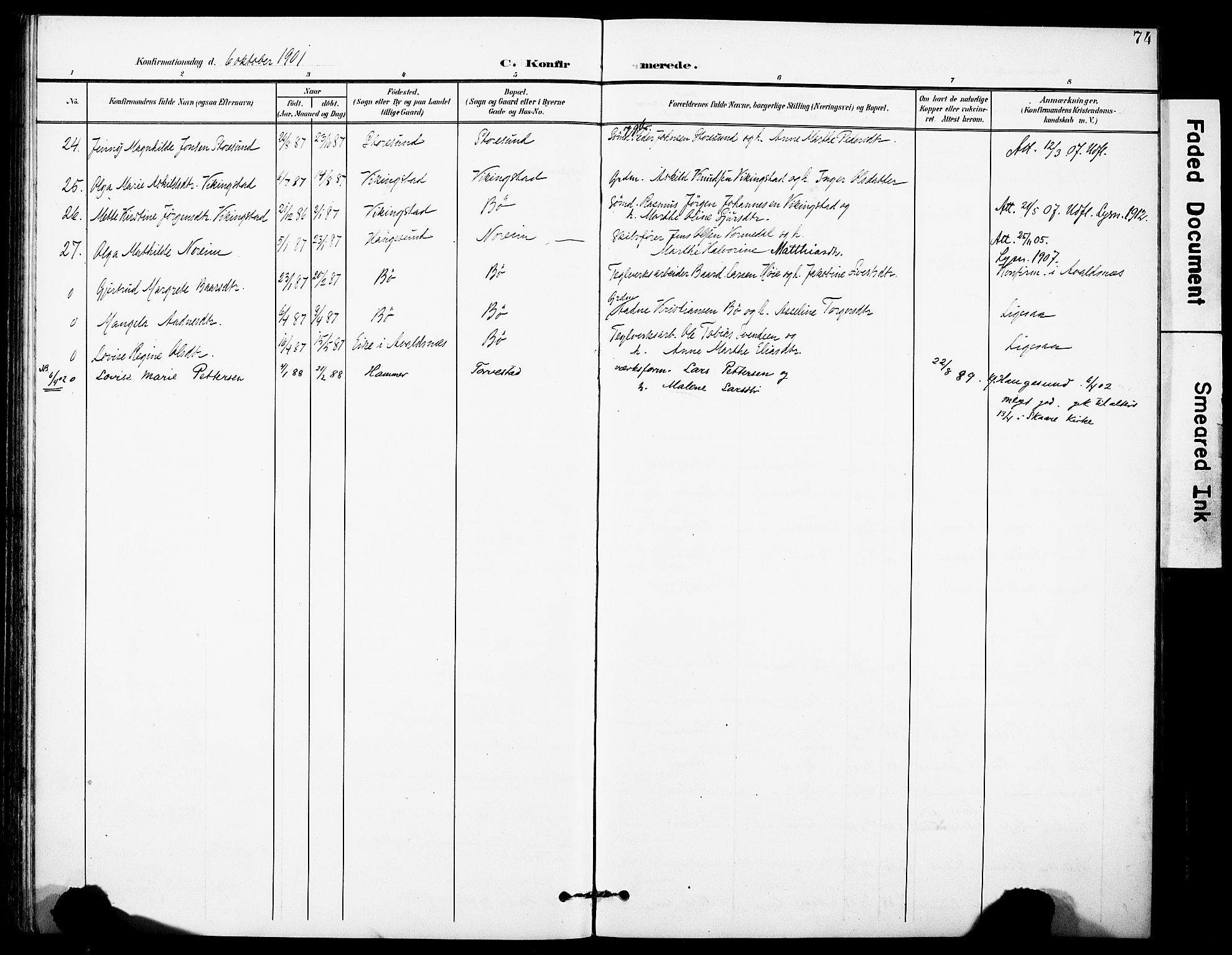 Torvastad sokneprestkontor, AV/SAST-A -101857/H/Ha/Haa/L0017: Parish register (official) no. A 16, 1899-1911, p. 74