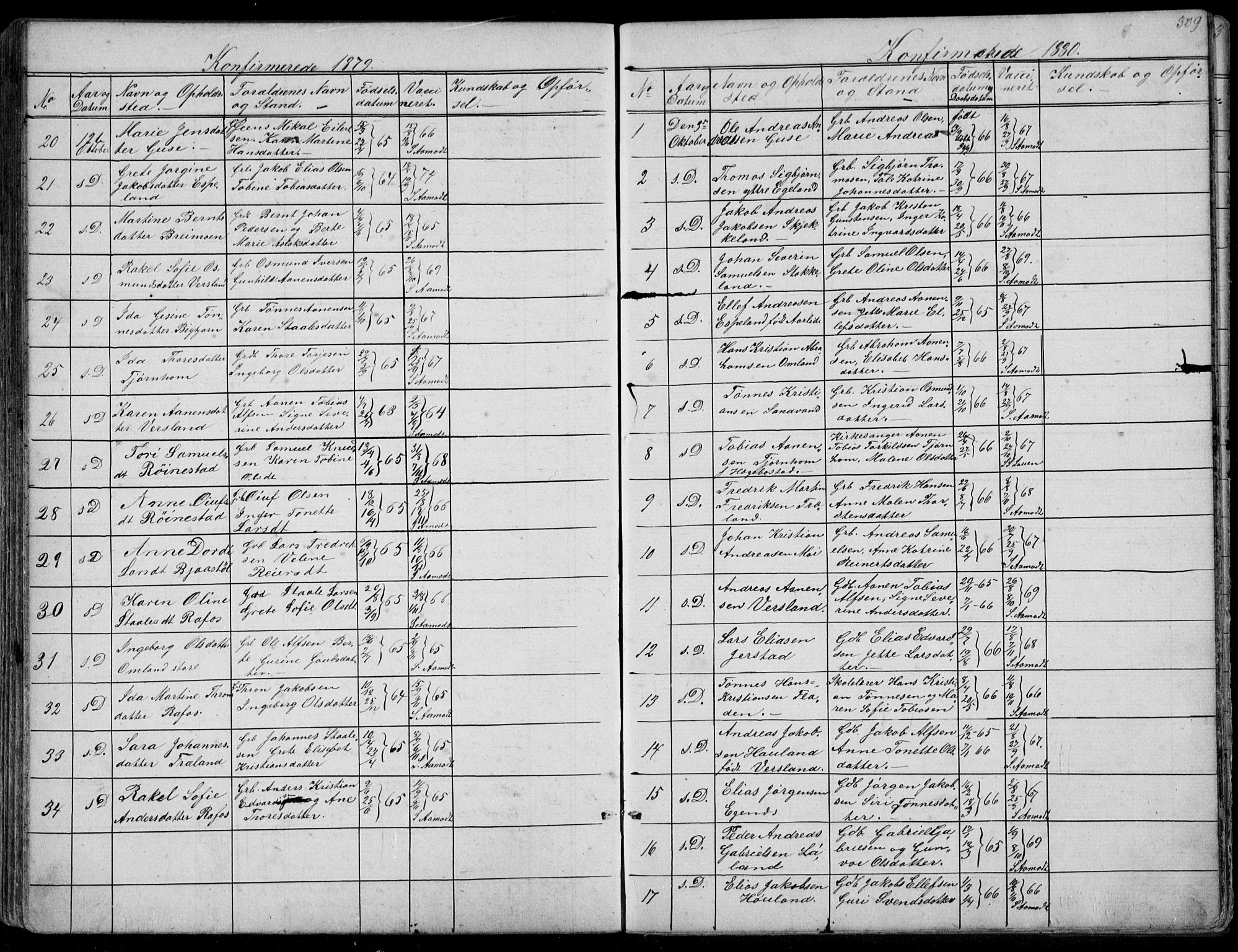 Kvinesdal sokneprestkontor, AV/SAK-1111-0026/F/Fb/Fbb/L0002: Parish register (copy) no. B 2, 1873-1897, p. 309