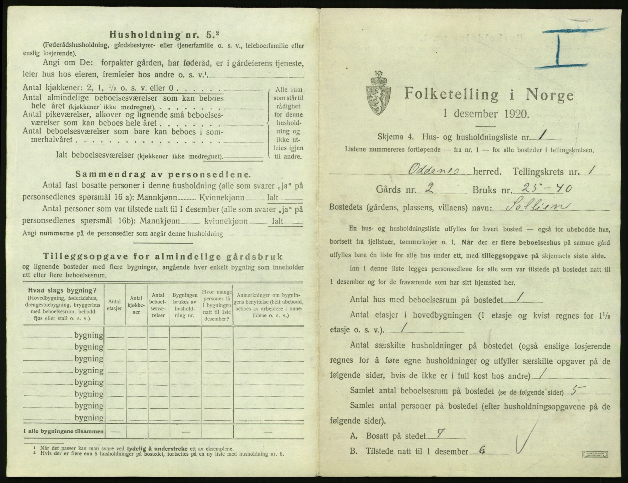 SAK, 1920 census for Oddernes, 1920, p. 75