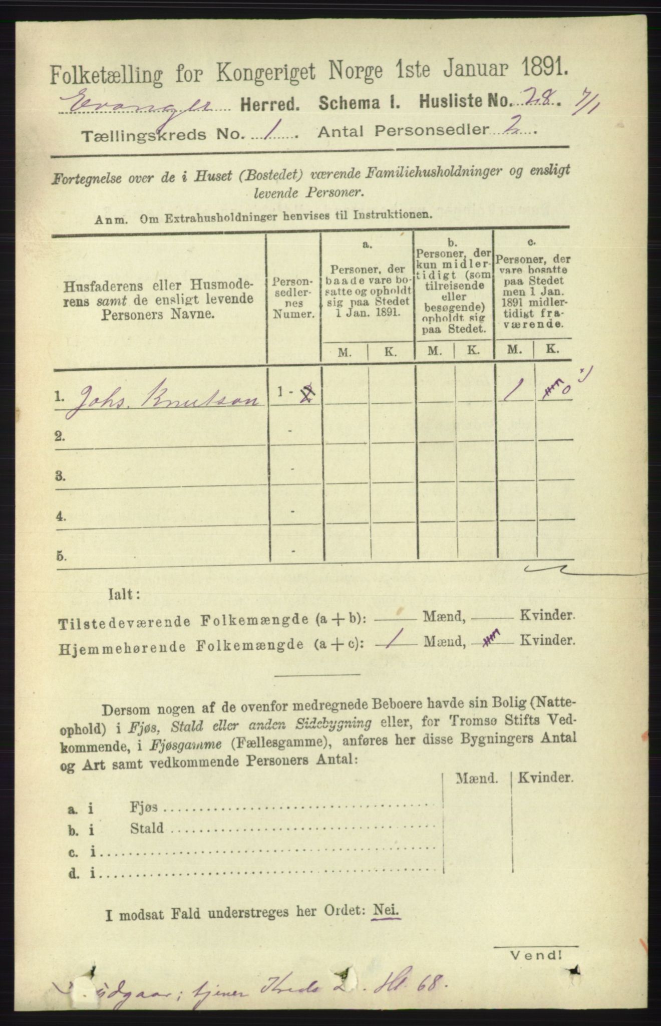 RA, 1891 census for 1237 Evanger, 1891, p. 52