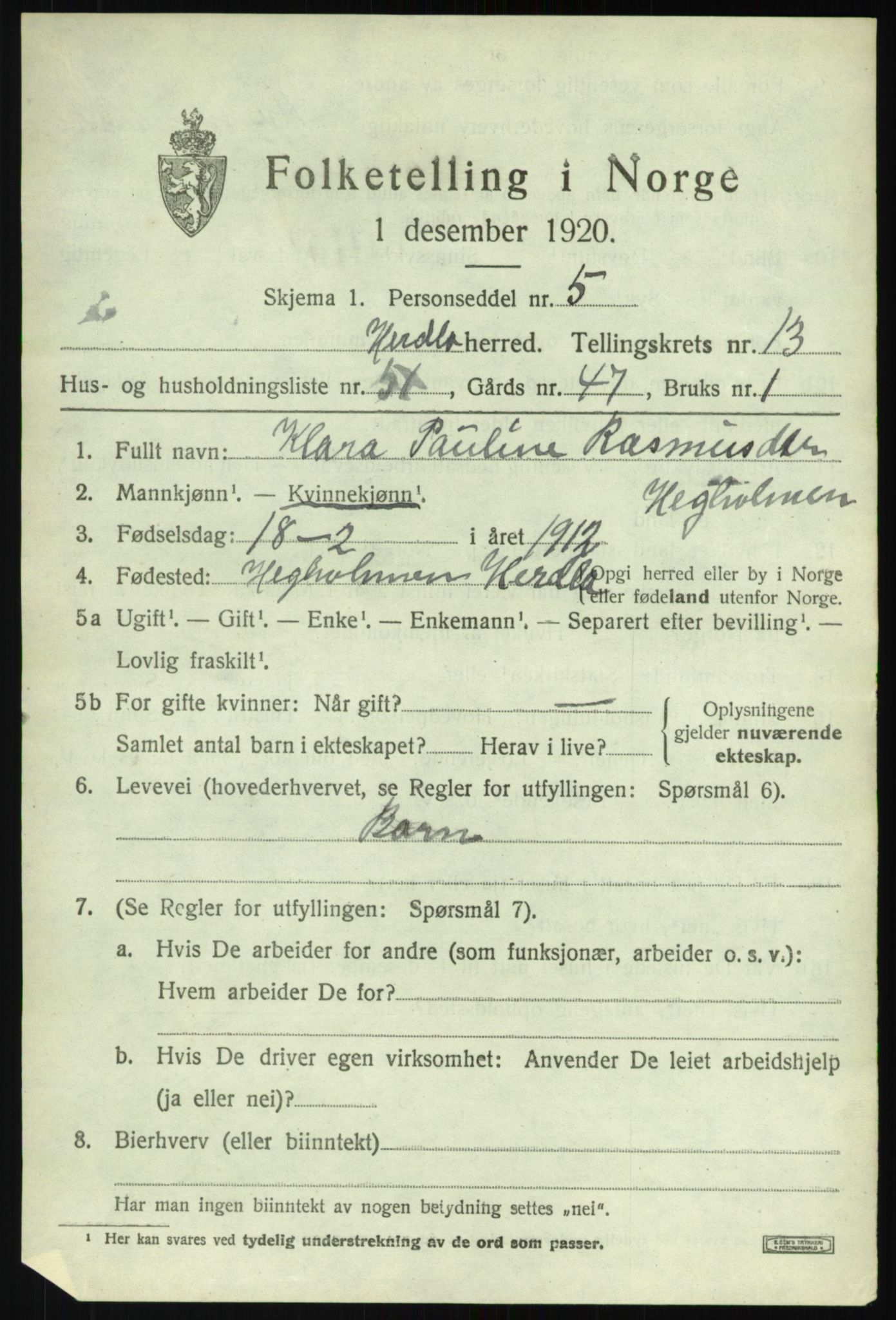 SAB, 1920 census for Herdla, 1920, p. 9679