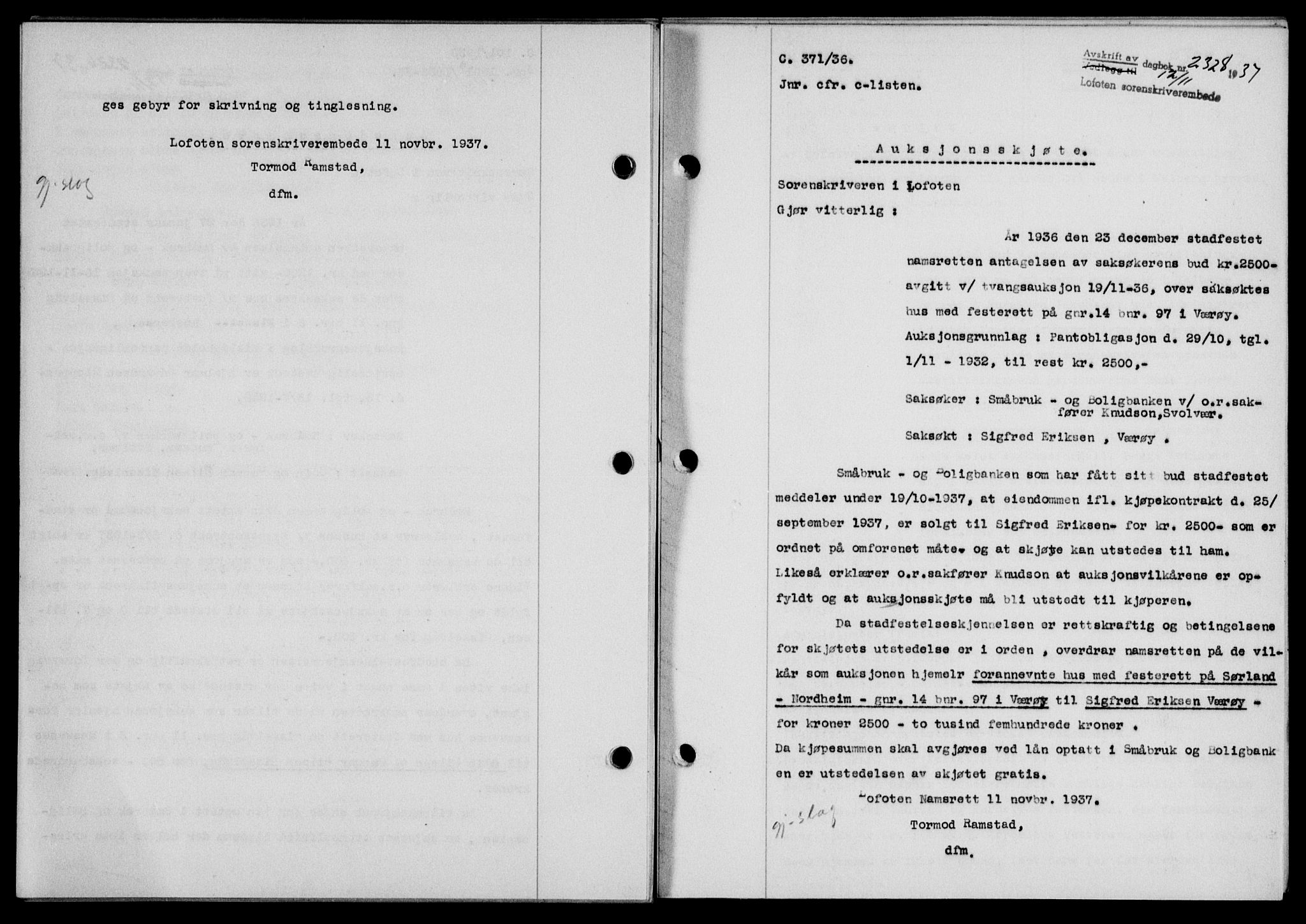 Lofoten sorenskriveri, SAT/A-0017/1/2/2C/L0003a: Mortgage book no. 3a, 1937-1938, Diary no: : 2328/1937