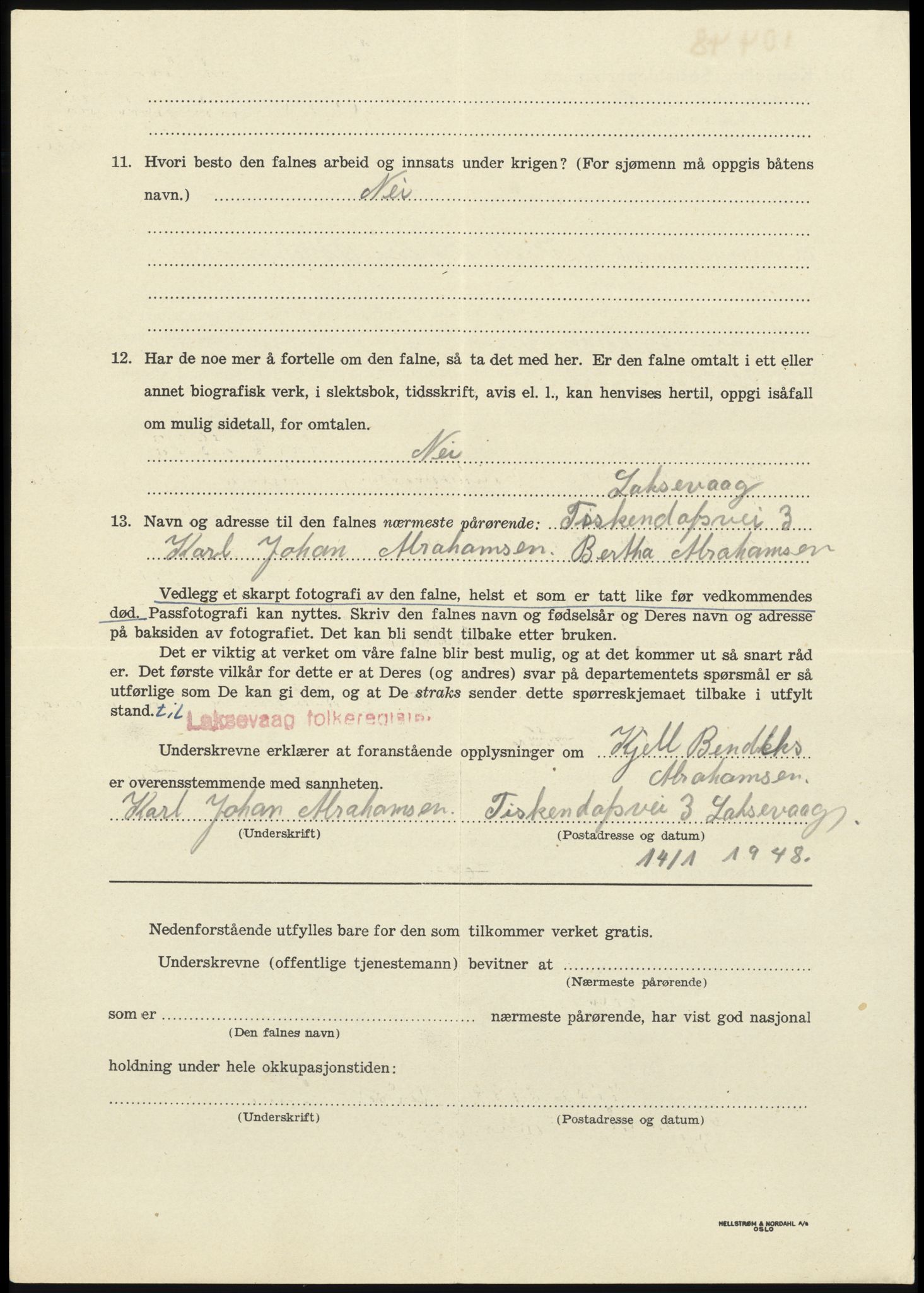 Sosialdepartementet, Våre Falne, RA/S-1708/E/Ee/L0025: Personmapper: Abelsen 01 - Amundsen, H. 65, 1945-1951, p. 222