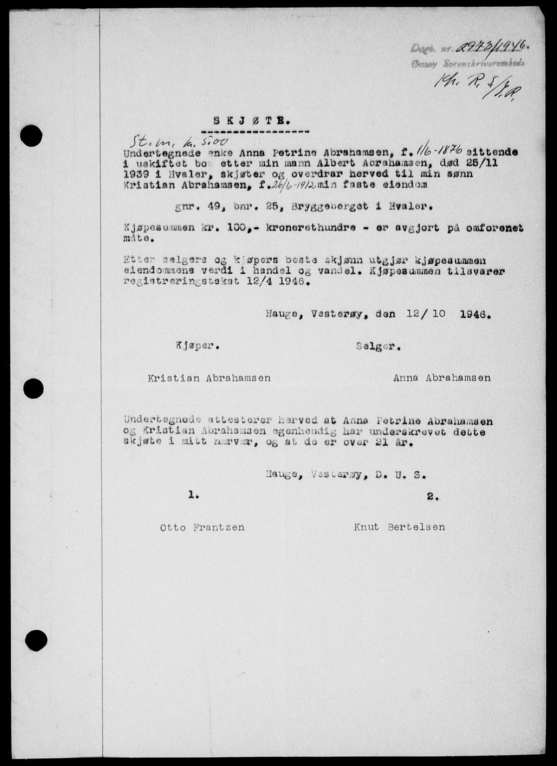Onsøy sorenskriveri, SAO/A-10474/G/Ga/Gab/L0018: Mortgage book no. II A-18, 1946-1947, Diary no: : 2973/1946