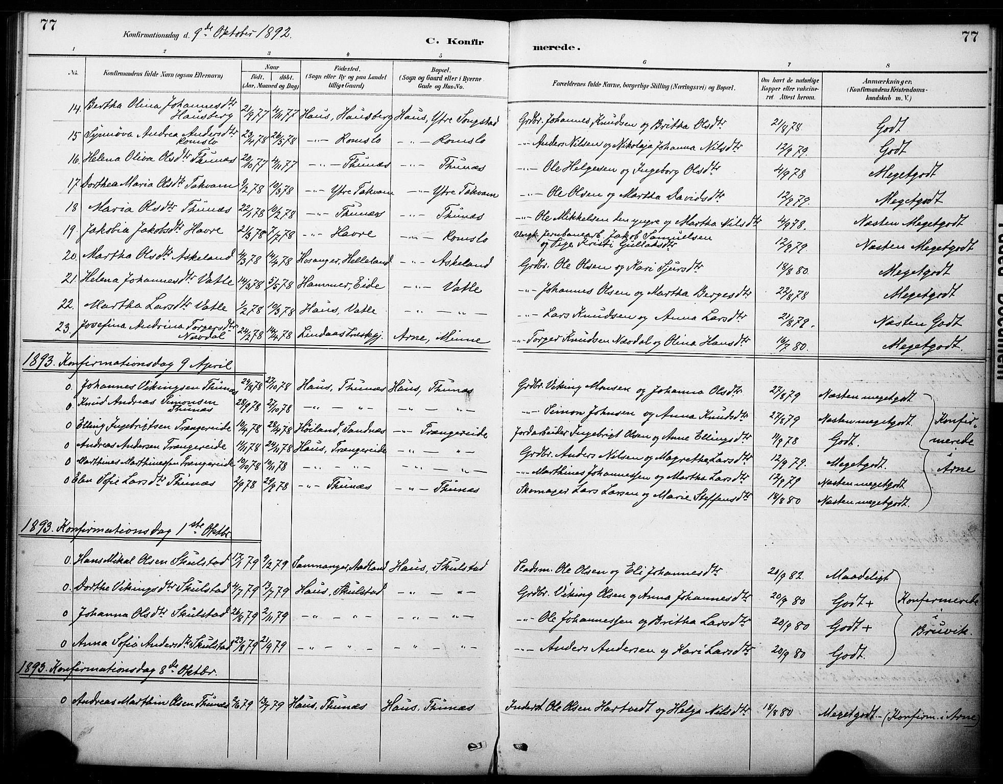 Haus sokneprestembete, AV/SAB-A-75601/H/Haa: Parish register (official) no. B 1, 1887-1898, p. 77