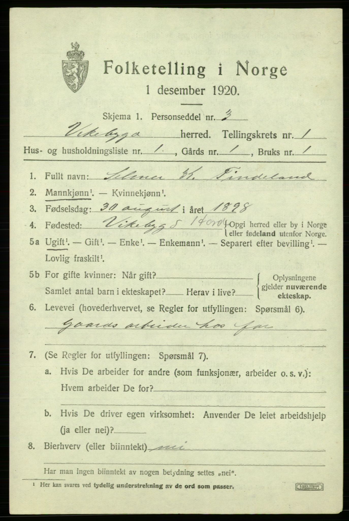 SAB, 1920 census for Vikebygd, 1920, p. 527