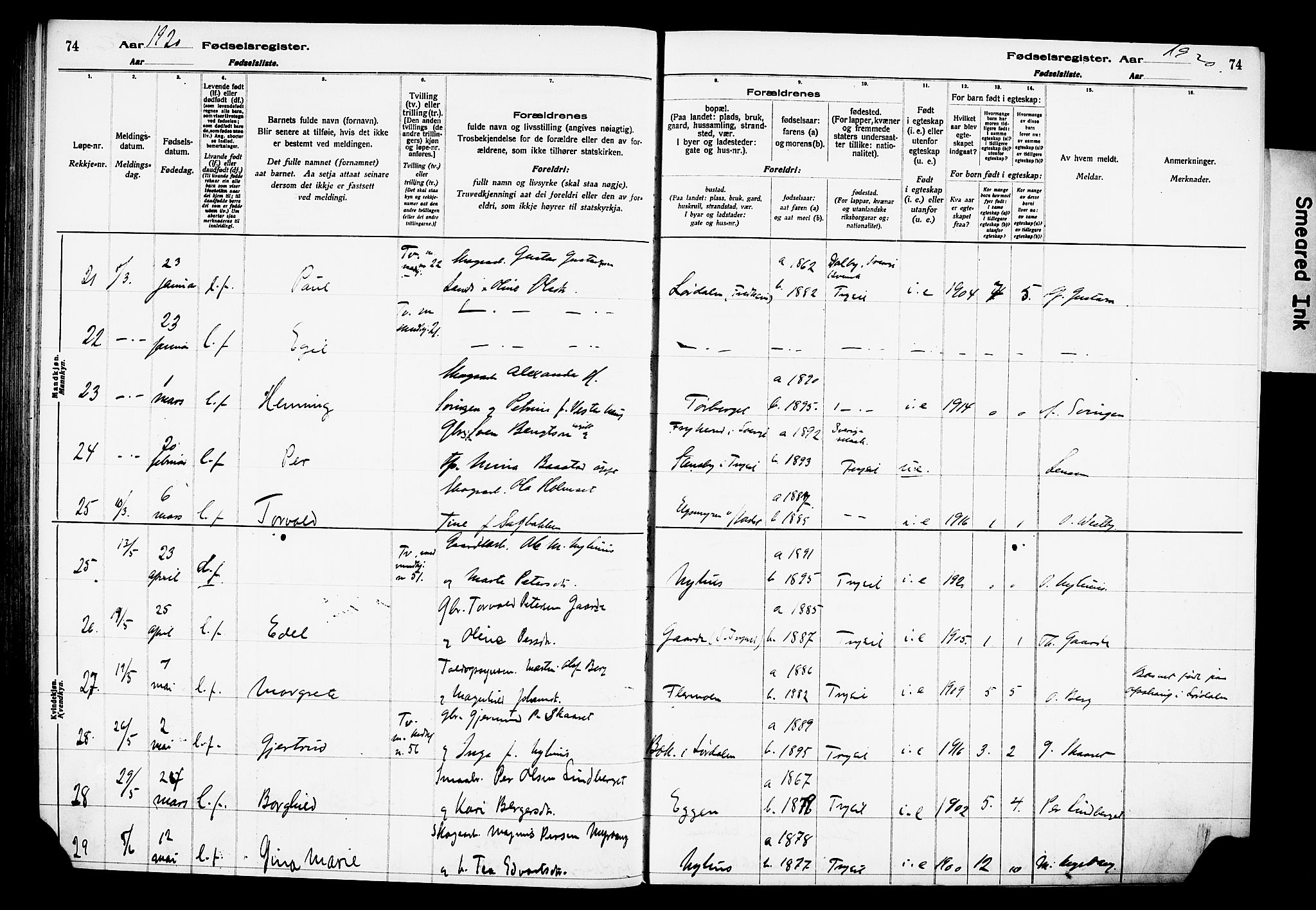 Trysil prestekontor, AV/SAH-PREST-046/I/Id/Ida/L0001: Birth register no. I 1, 1916-1927, p. 74