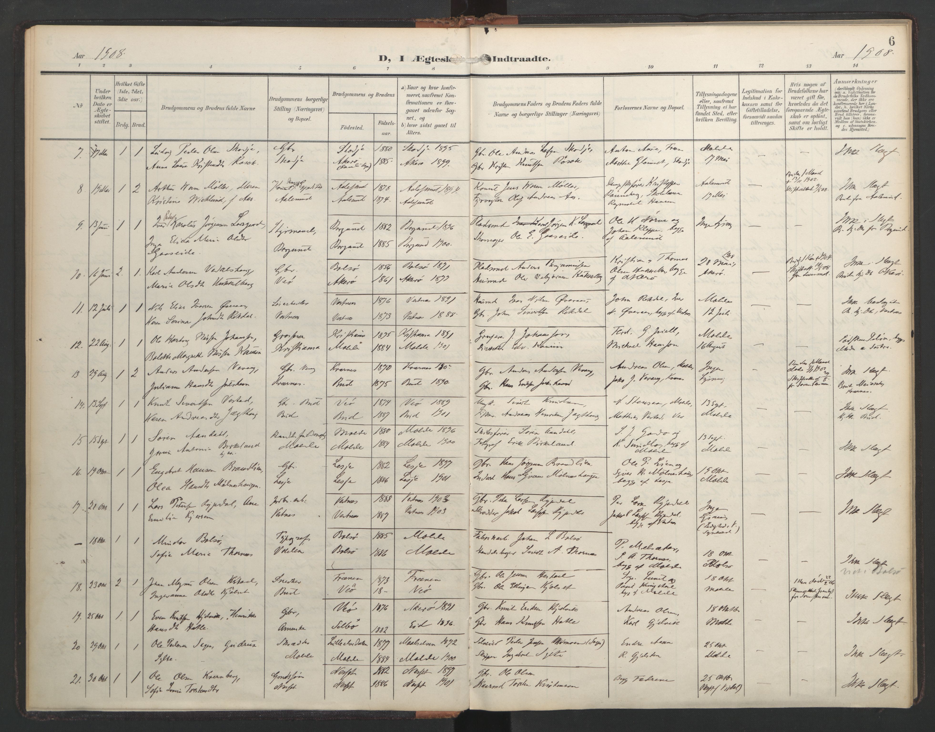 Ministerialprotokoller, klokkerbøker og fødselsregistre - Møre og Romsdal, AV/SAT-A-1454/558/L0694: Parish register (official) no. 558A08, 1907-1922, p. 6