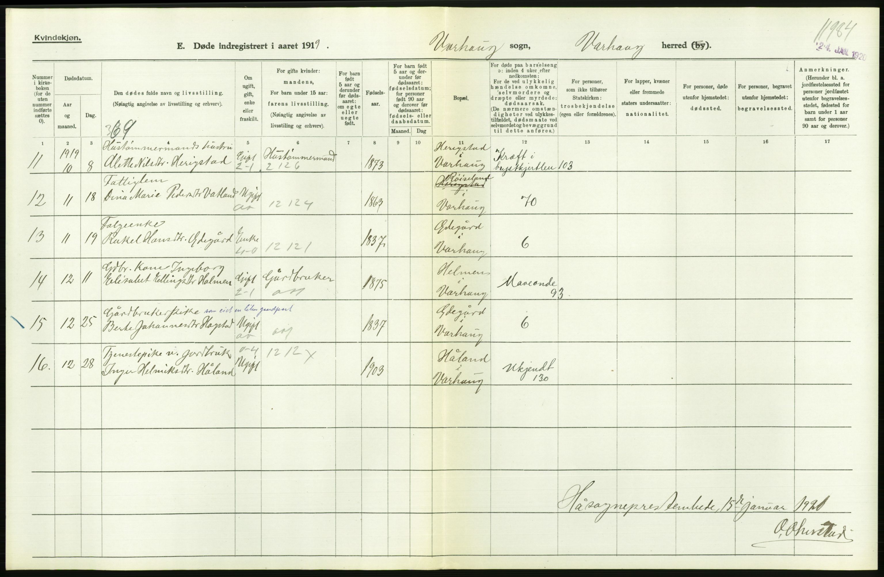 Statistisk sentralbyrå, Sosiodemografiske emner, Befolkning, AV/RA-S-2228/D/Df/Dfb/Dfbi/L0030: Rogaland fylke: Døde. Bygder og byer., 1919, p. 216