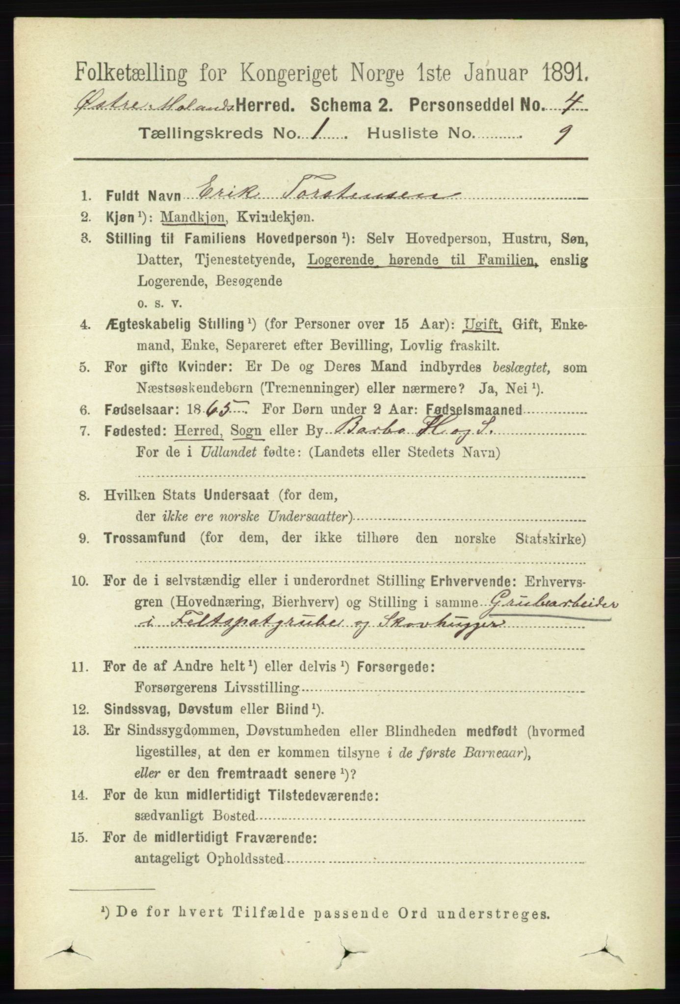 RA, 1891 census for 0918 Austre Moland, 1891, p. 140