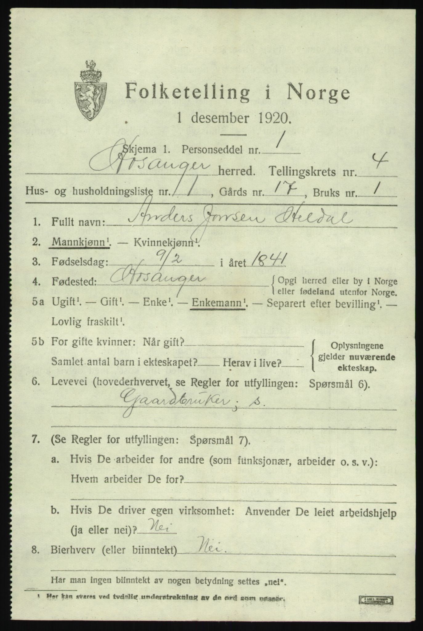 SAB, 1920 census for Hosanger, 1920, p. 1901