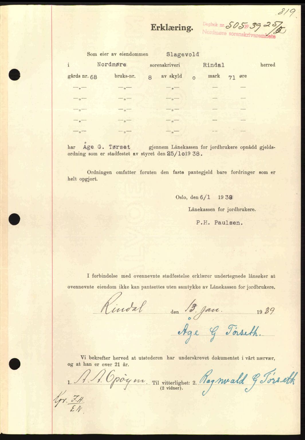 Nordmøre sorenskriveri, SAT/A-4132/1/2/2Ca: Mortgage book no. B84, 1938-1939, Diary no: : 505/1939