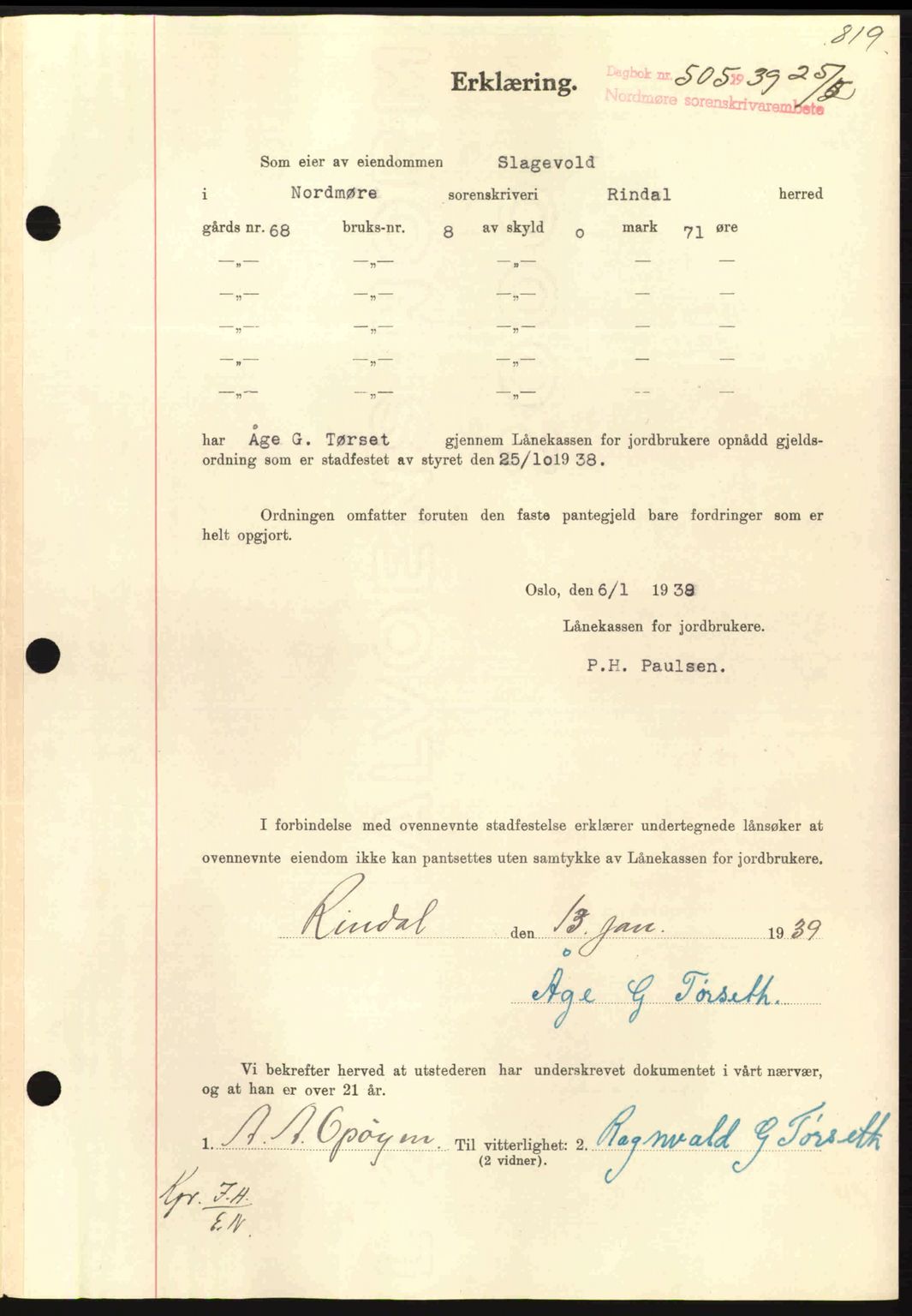 Nordmøre sorenskriveri, AV/SAT-A-4132/1/2/2Ca: Mortgage book no. B84, 1938-1939, Diary no: : 505/1939