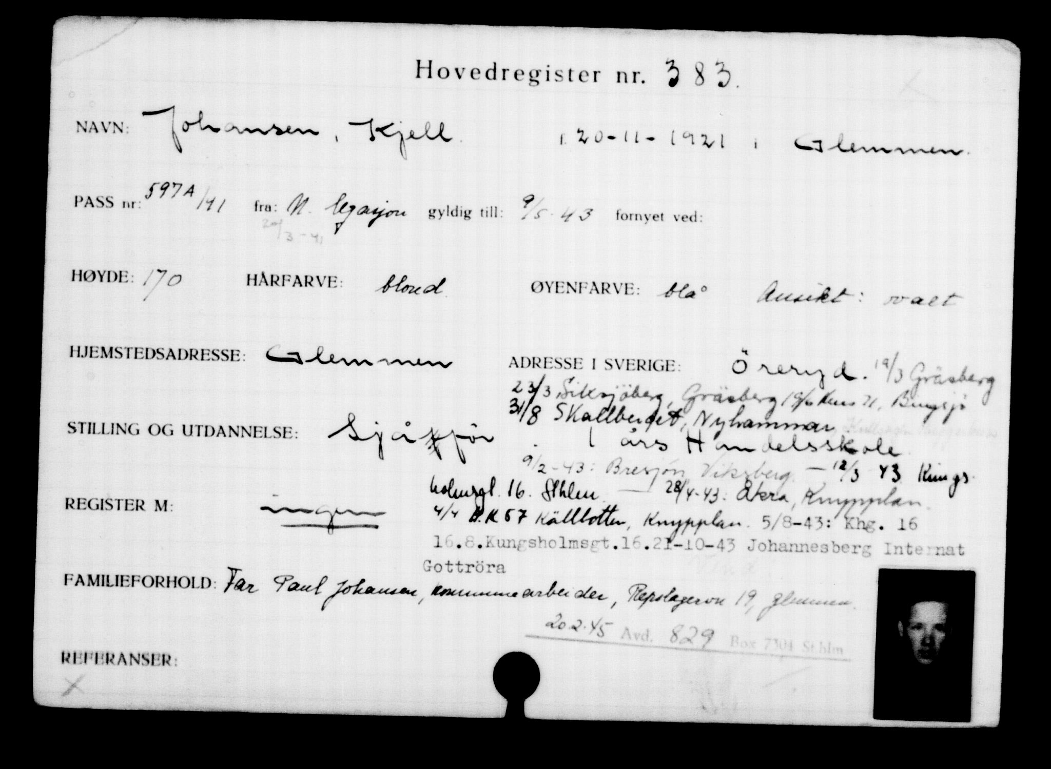 Utenriksstasjonene, Legasjonen i Stockholm, Flyktningkontoret, AV/RA-S-6753/V/Va/L0001: Kjesäterkartoteket, flyktninger med registreringsnr. 1-1000, 1940-1945, p. 604
