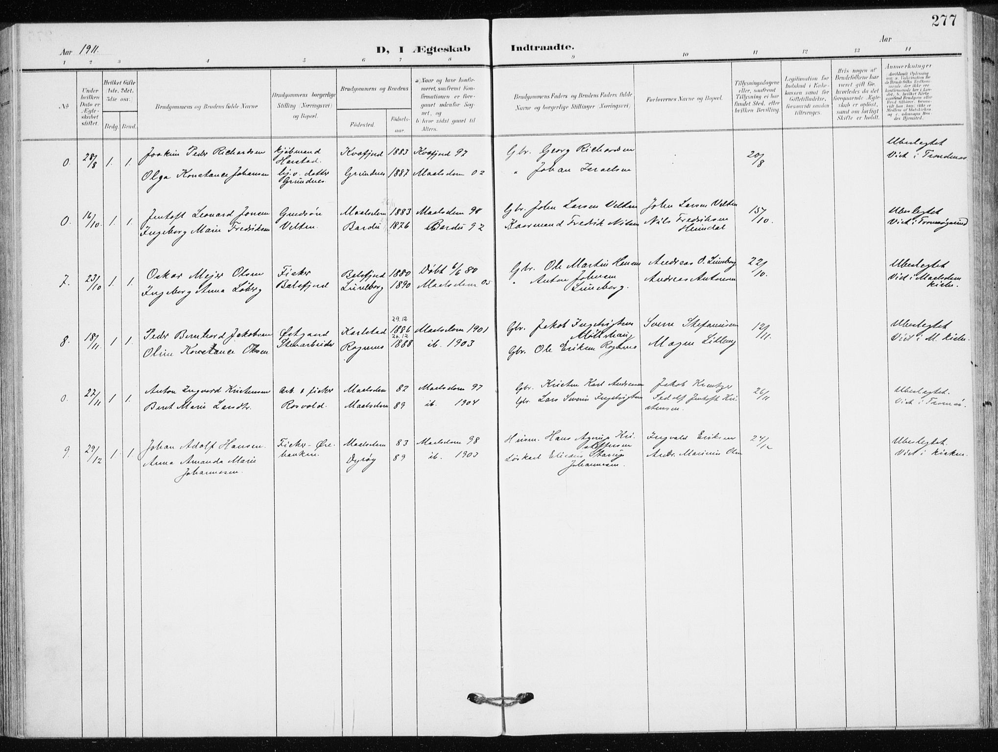 Målselv sokneprestembete, AV/SATØ-S-1311/G/Ga/Gaa/L0011kirke: Parish register (official) no. 11, 1904-1918, p. 277