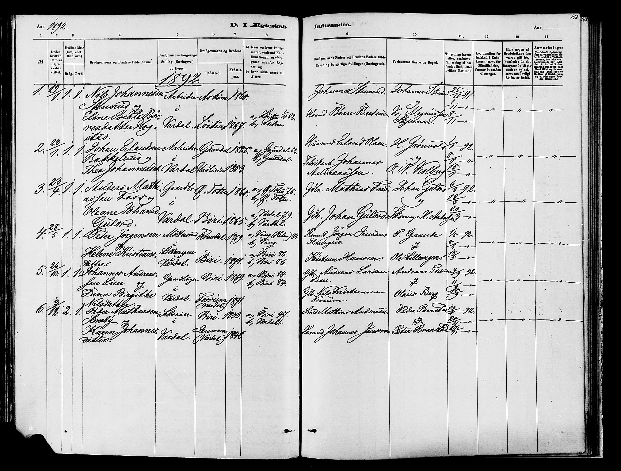 Vardal prestekontor, SAH/PREST-100/H/Ha/Haa/L0009: Parish register (official) no. 9, 1878-1892, p. 142
