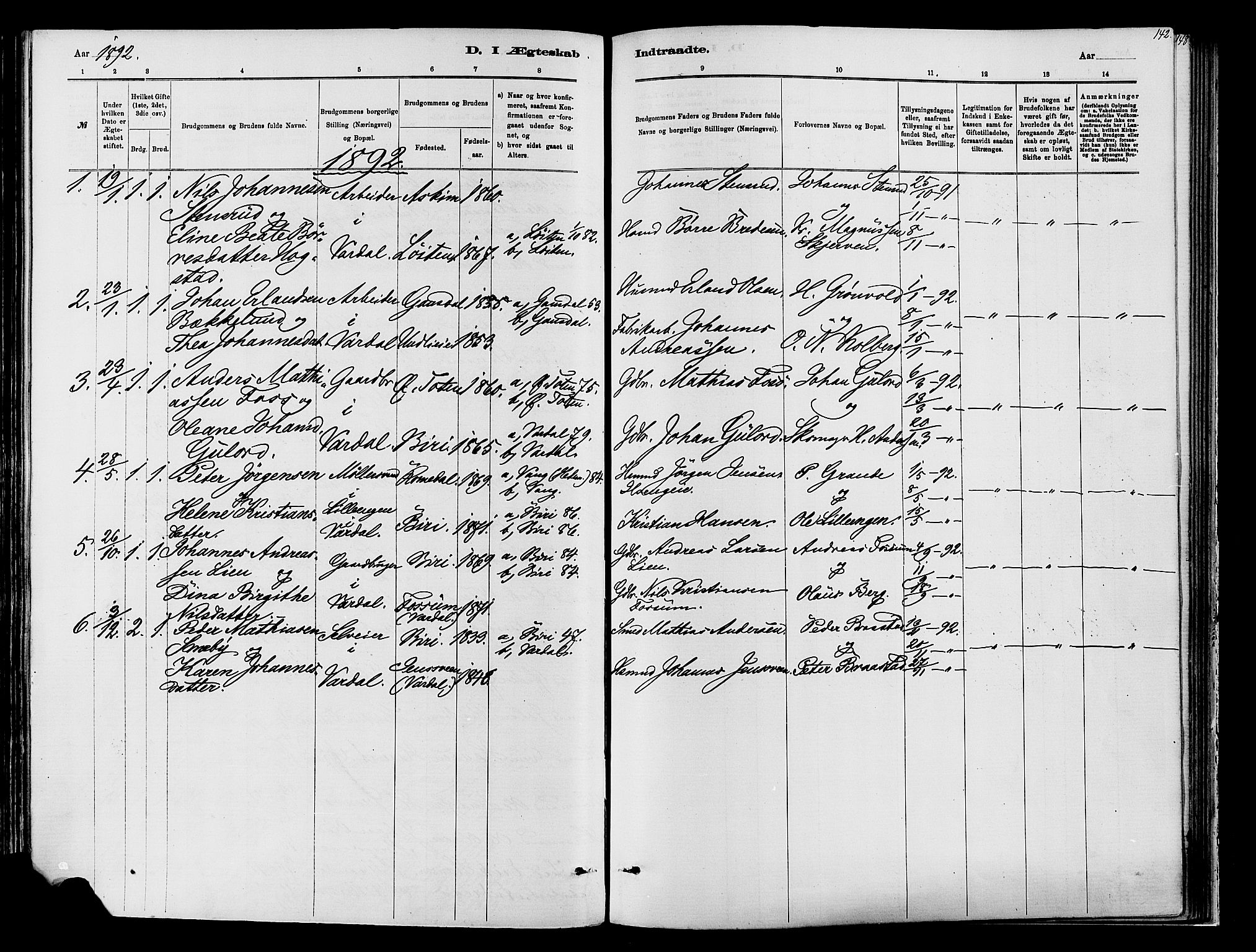 Vardal prestekontor, AV/SAH-PREST-100/H/Ha/Haa/L0009: Parish register (official) no. 9, 1878-1892, p. 142