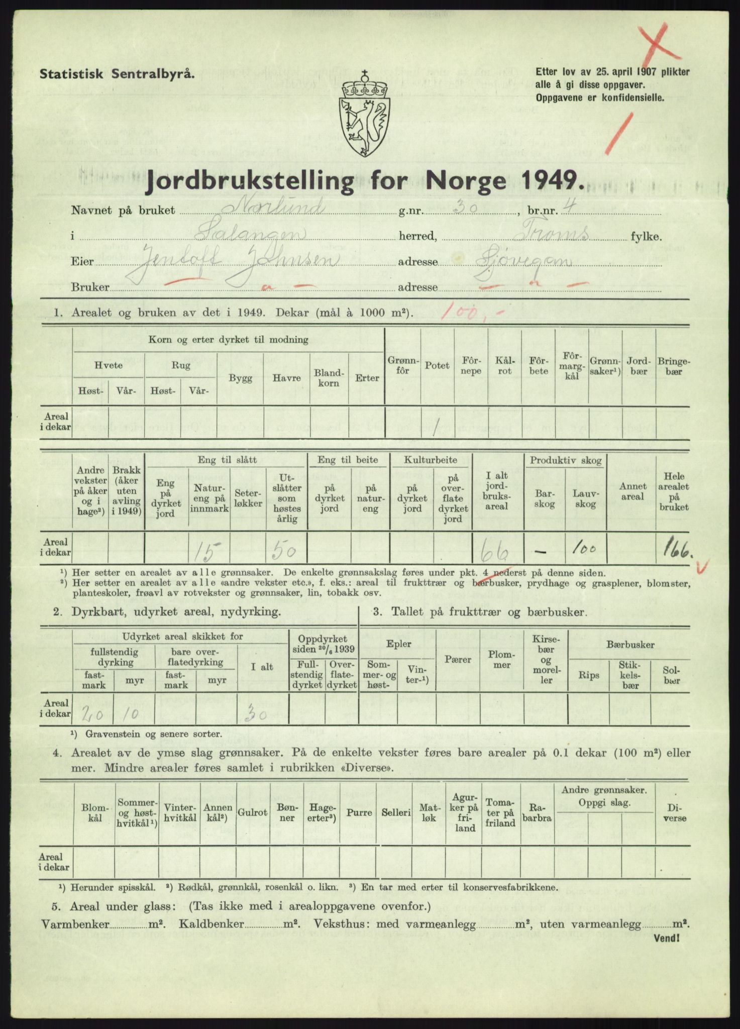 Statistisk sentralbyrå, Næringsøkonomiske emner, Jordbruk, skogbruk, jakt, fiske og fangst, AV/RA-S-2234/G/Gc/L0438: Troms: Salangen og Bardu, 1949, p. 780