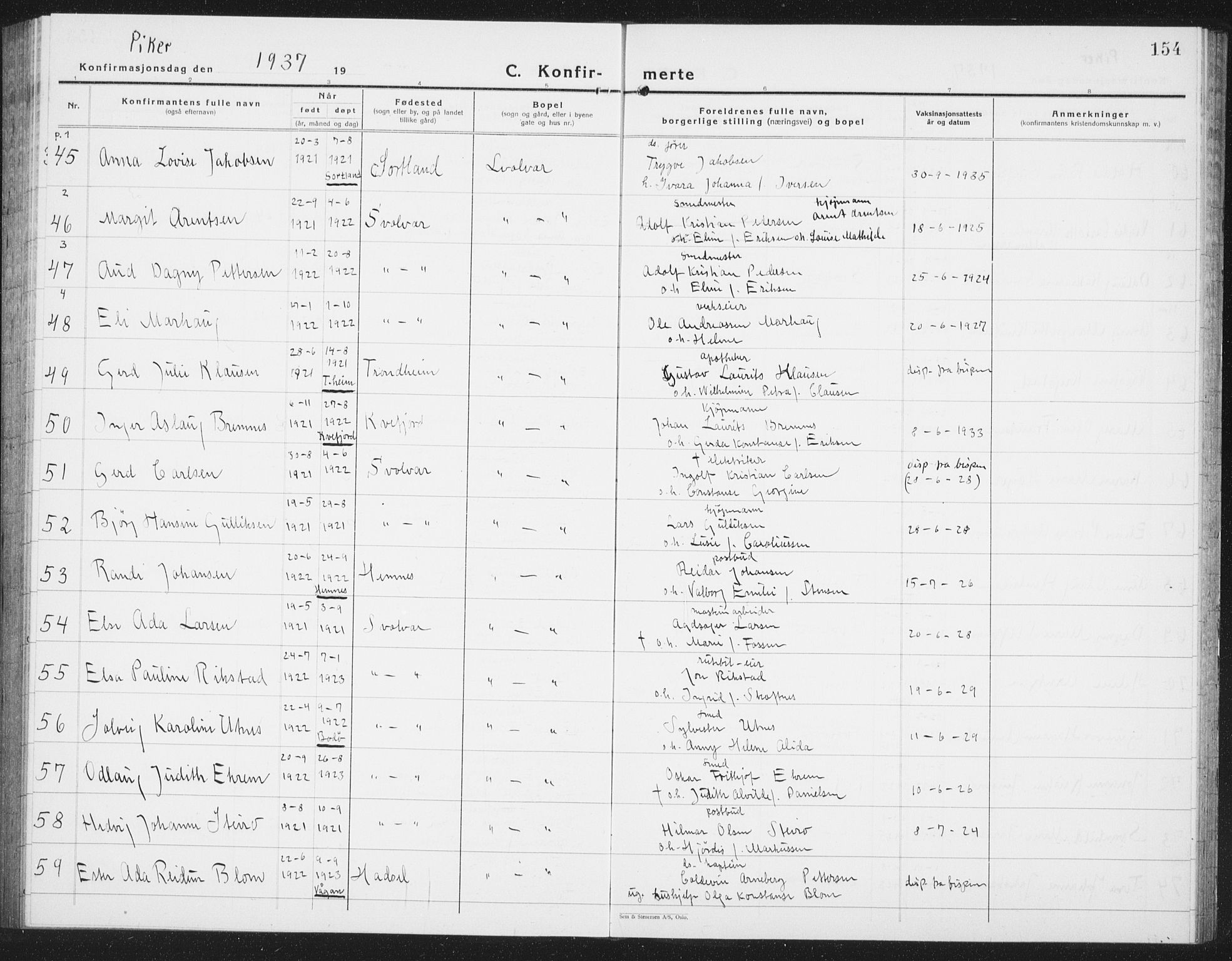 Ministerialprotokoller, klokkerbøker og fødselsregistre - Nordland, AV/SAT-A-1459/877/L1117: Parish register (copy) no. 877C01, 1923-1942, p. 154