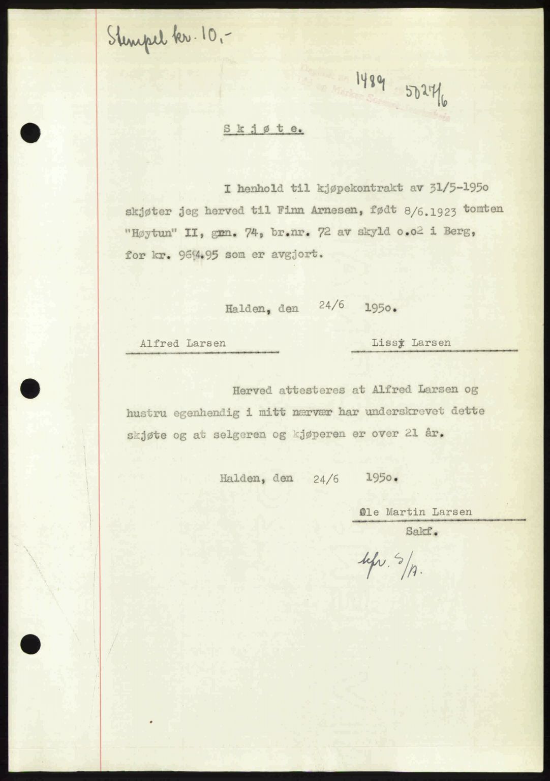 Idd og Marker sorenskriveri, AV/SAO-A-10283/G/Gb/Gbb/L0014: Mortgage book no. A14, 1950-1950, Diary no: : 1489/1950