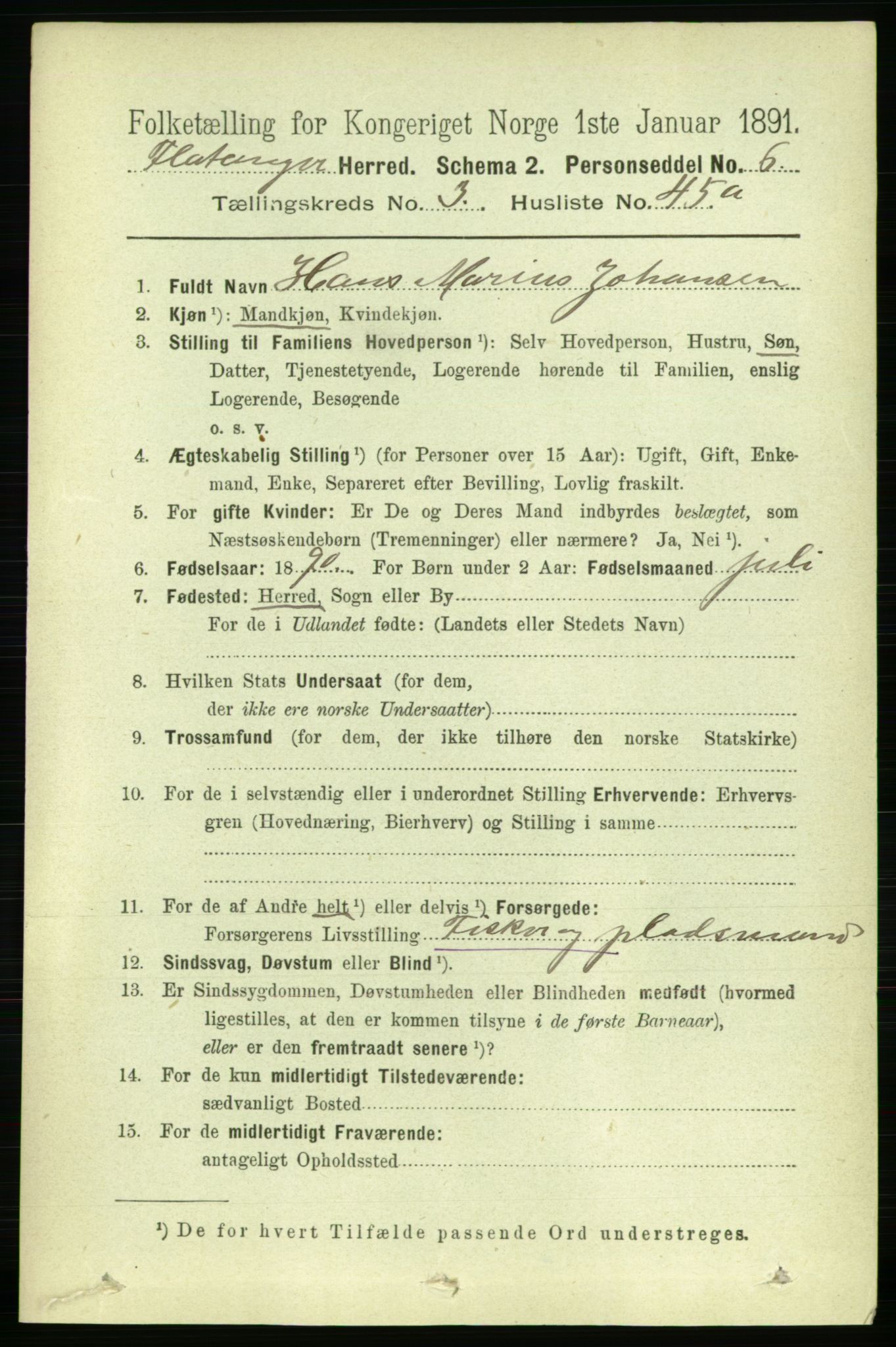 RA, 1891 census for 1749 Flatanger, 1891, p. 1691