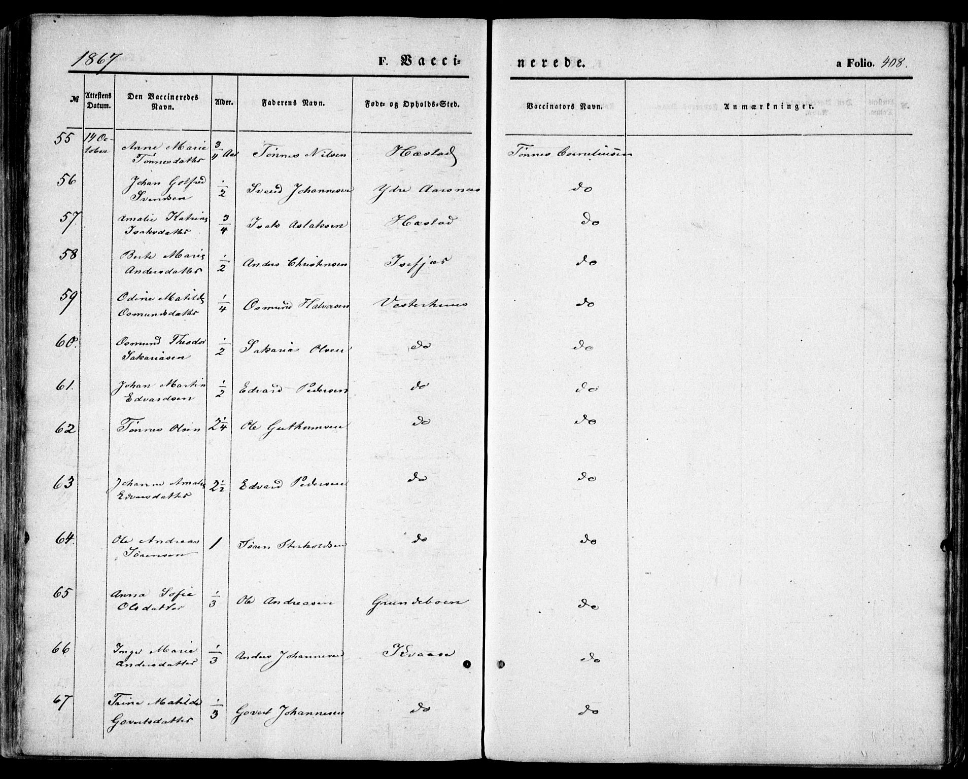 Høvåg sokneprestkontor, SAK/1111-0025/F/Fa/L0004: Parish register (official) no. A 4, 1859-1877, p. 408