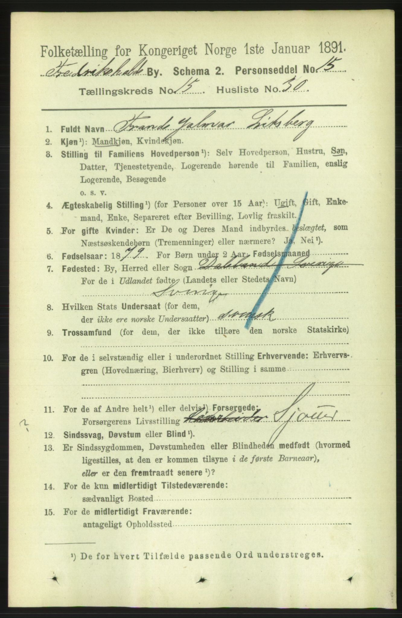 RA, 1891 census for 0101 Fredrikshald, 1891, p. 9764