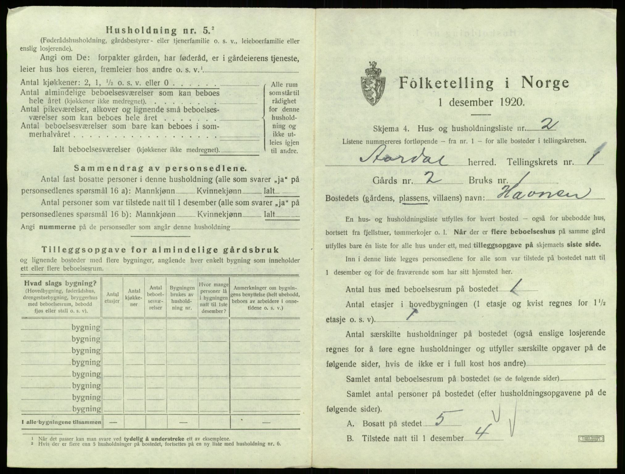 SAB, 1920 census for Årdal, 1920, p. 34