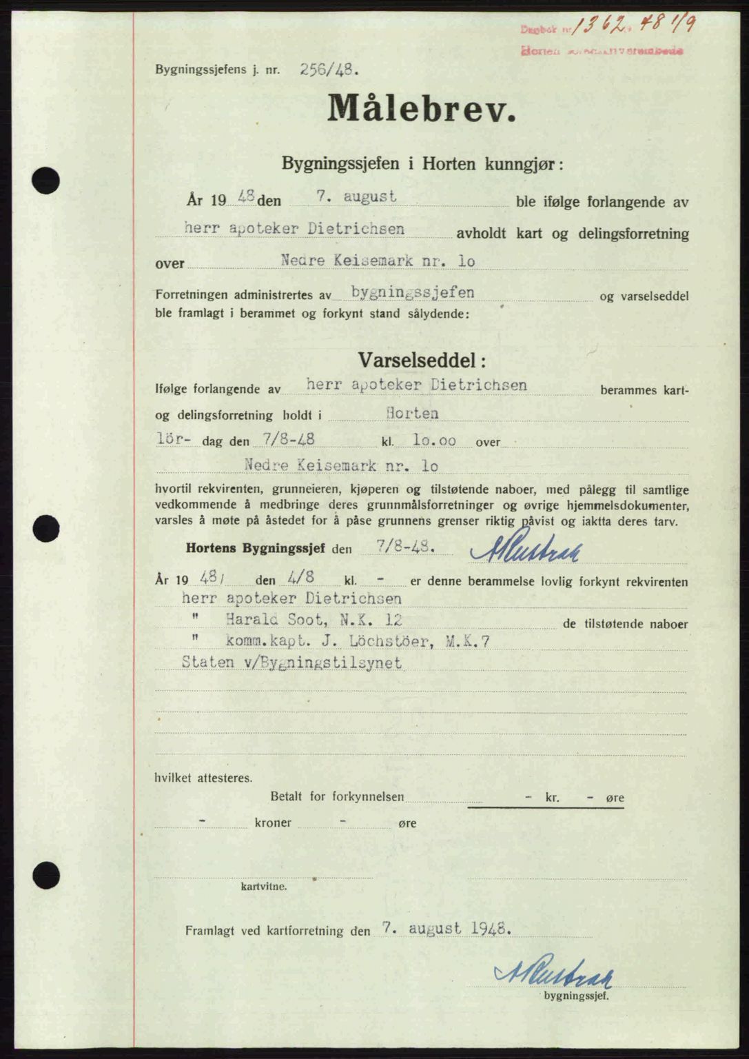 Horten sorenskriveri, AV/SAKO-A-133/G/Ga/Gaa/L0011: Mortgage book no. A-11, 1948-1948, Diary no: : 1362/1948