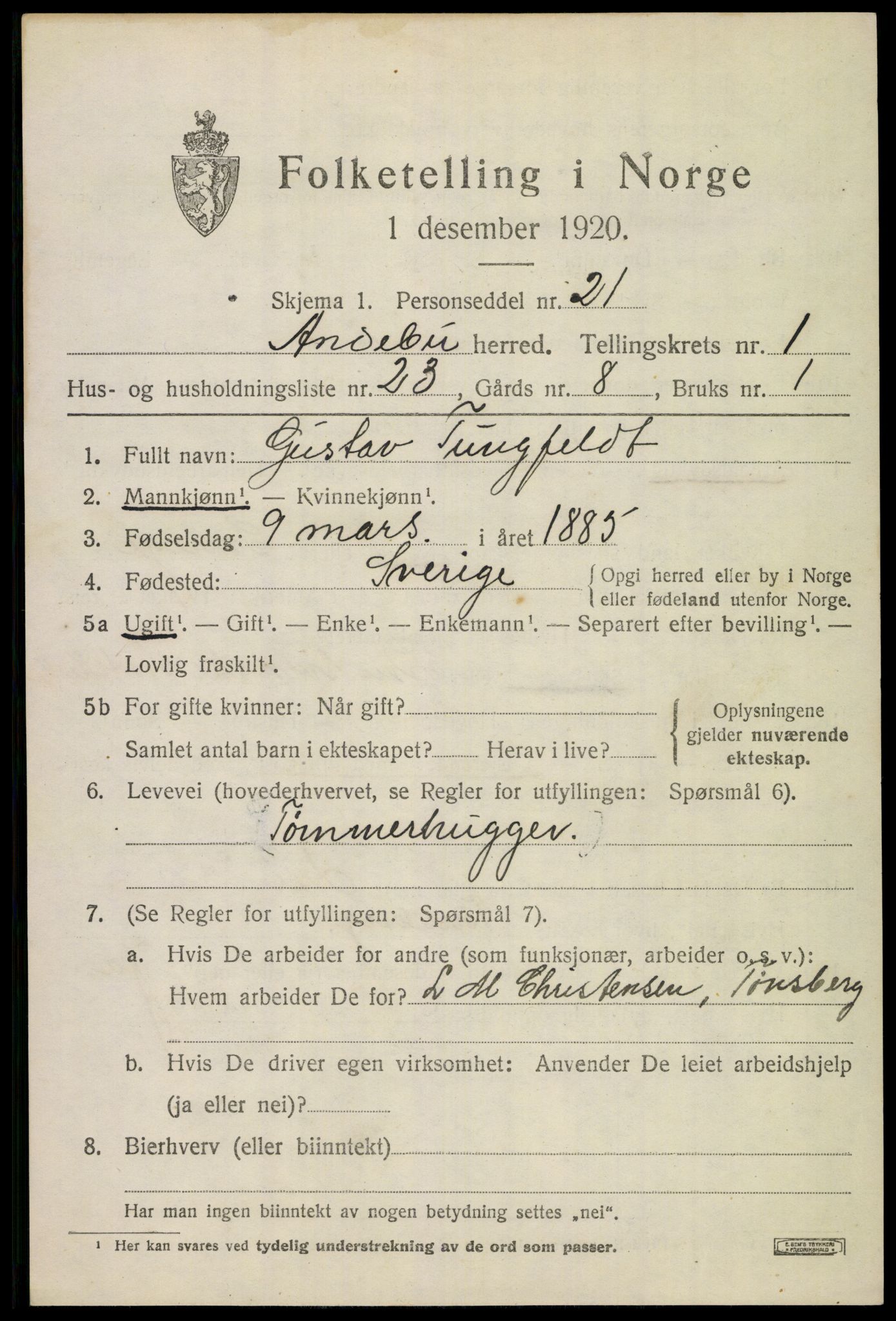SAKO, 1920 census for Andebu, 1920, p. 1490