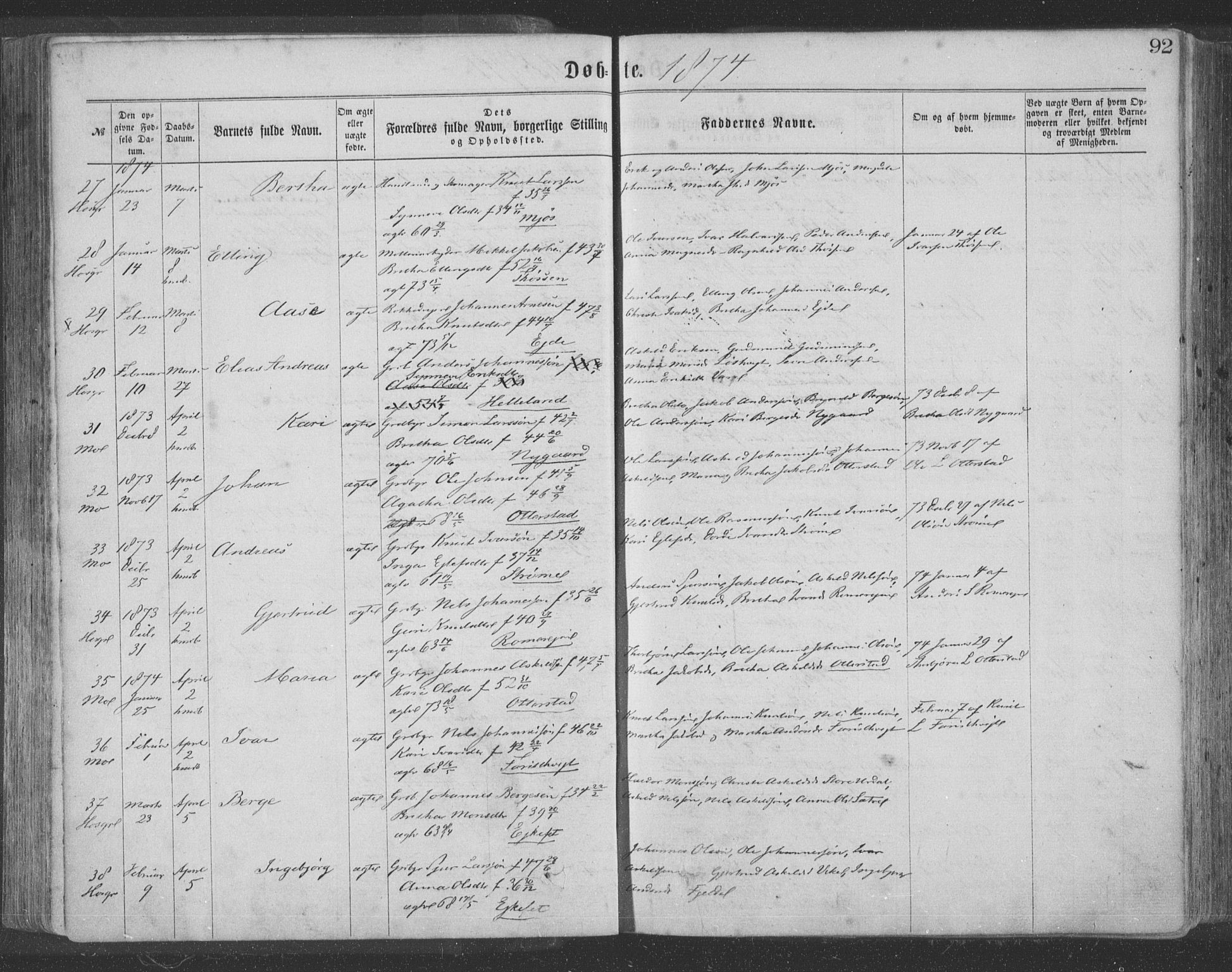 Hosanger sokneprestembete, AV/SAB-A-75801/H/Haa: Parish register (official) no. A 9, 1864-1876, p. 92