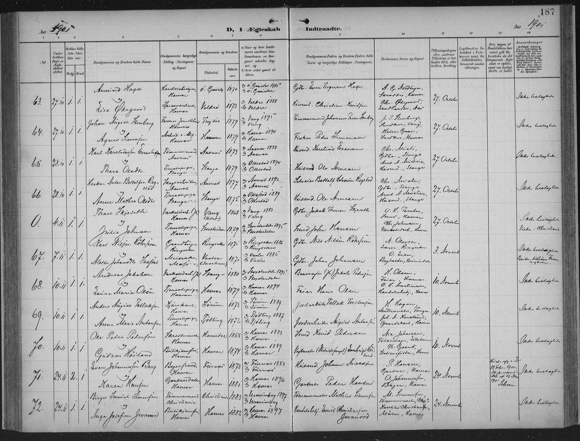 Hamar prestekontor, SAH/DOMPH-002/H/Ha/Haa/L0001: Parish register (official) no. 1, 1900-1914, p. 187