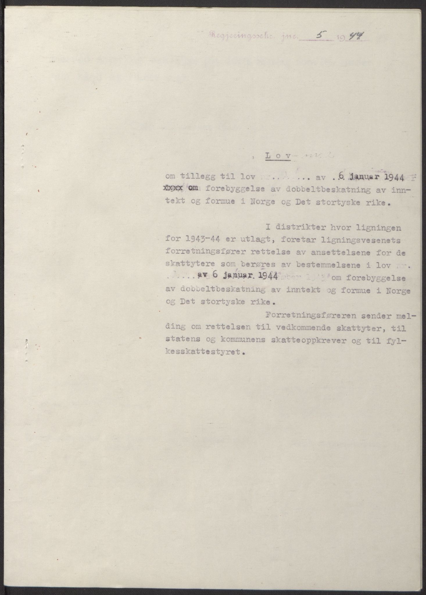 NS-administrasjonen 1940-1945 (Statsrådsekretariatet, de kommisariske statsråder mm), AV/RA-S-4279/D/Db/L0100: Lover, 1944, p. 15