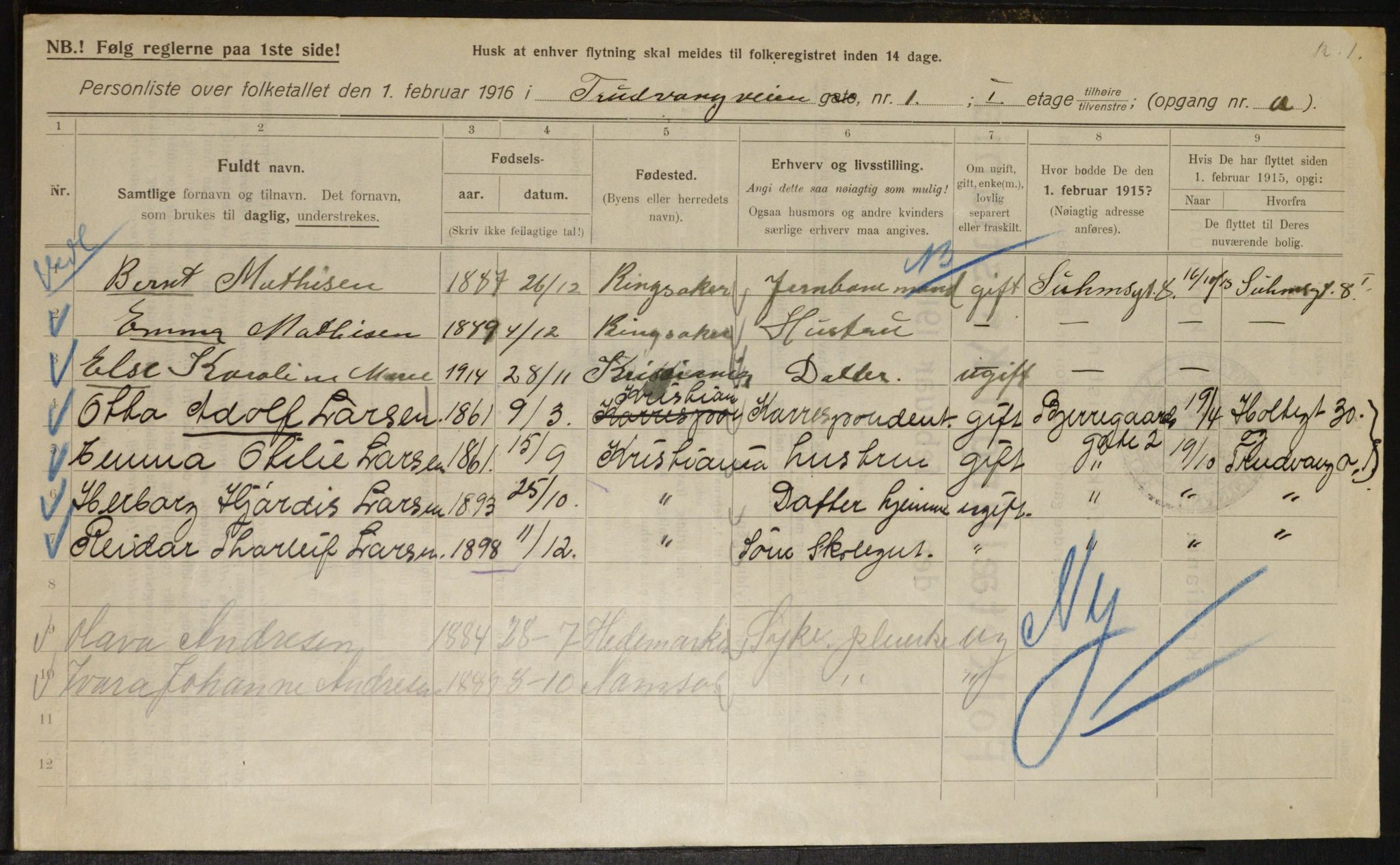 OBA, Municipal Census 1916 for Kristiania, 1916, p. 120510